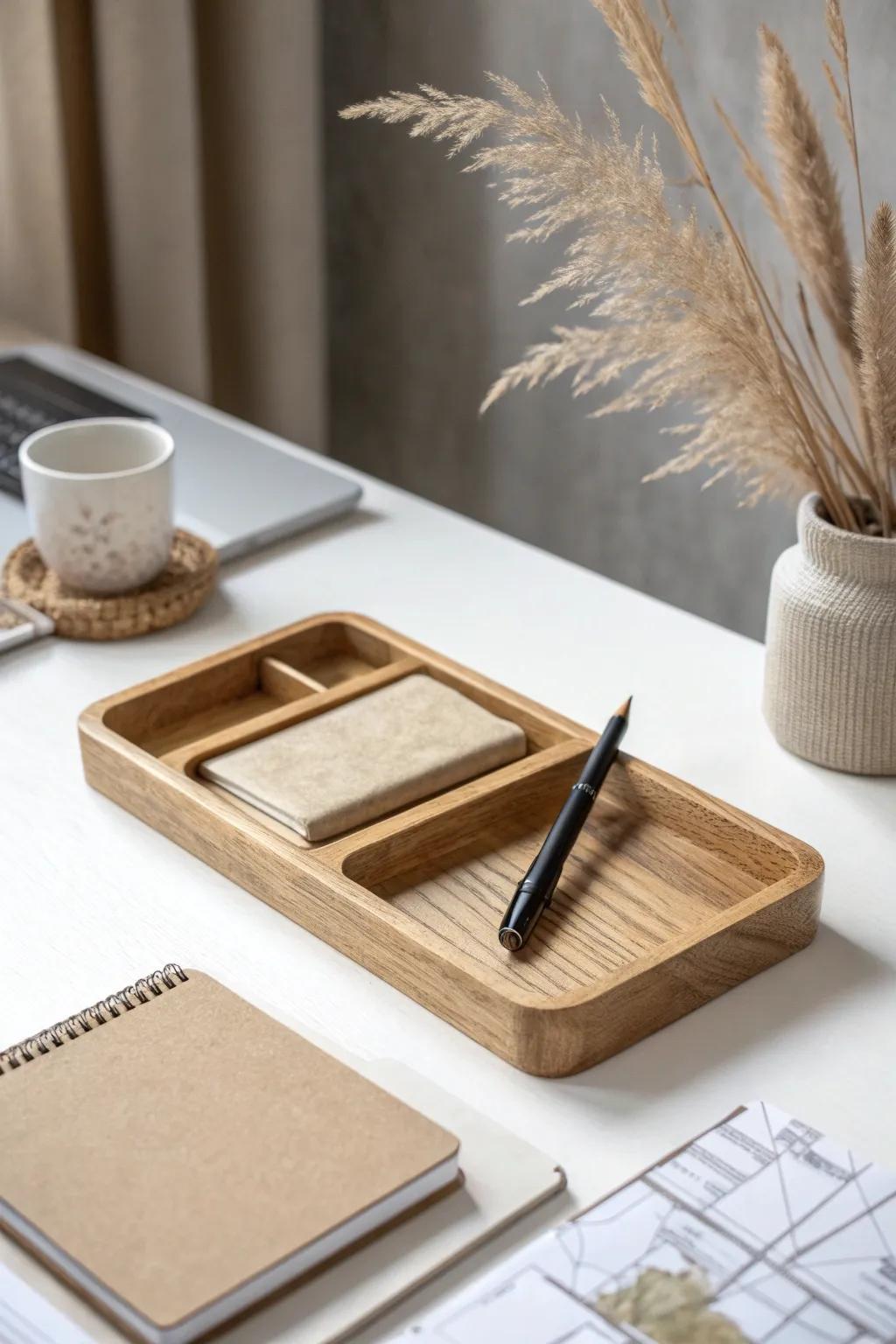 Only the essentials: a handmade tray, one notebook, one pen—desktop calm in small spaces.