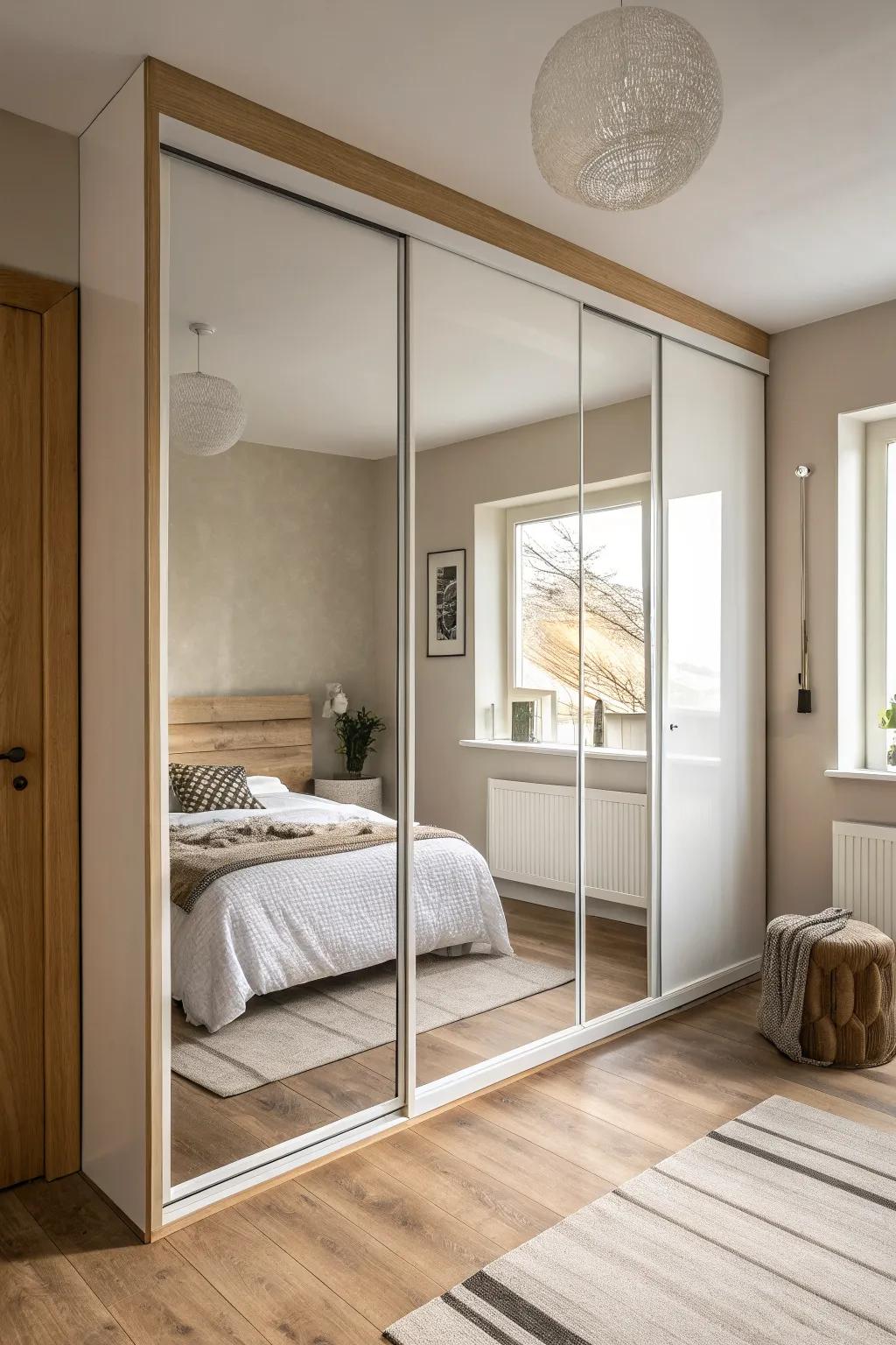 Classic sliding mirror doors add full-length reflection, more light, and zero swing-space loss.