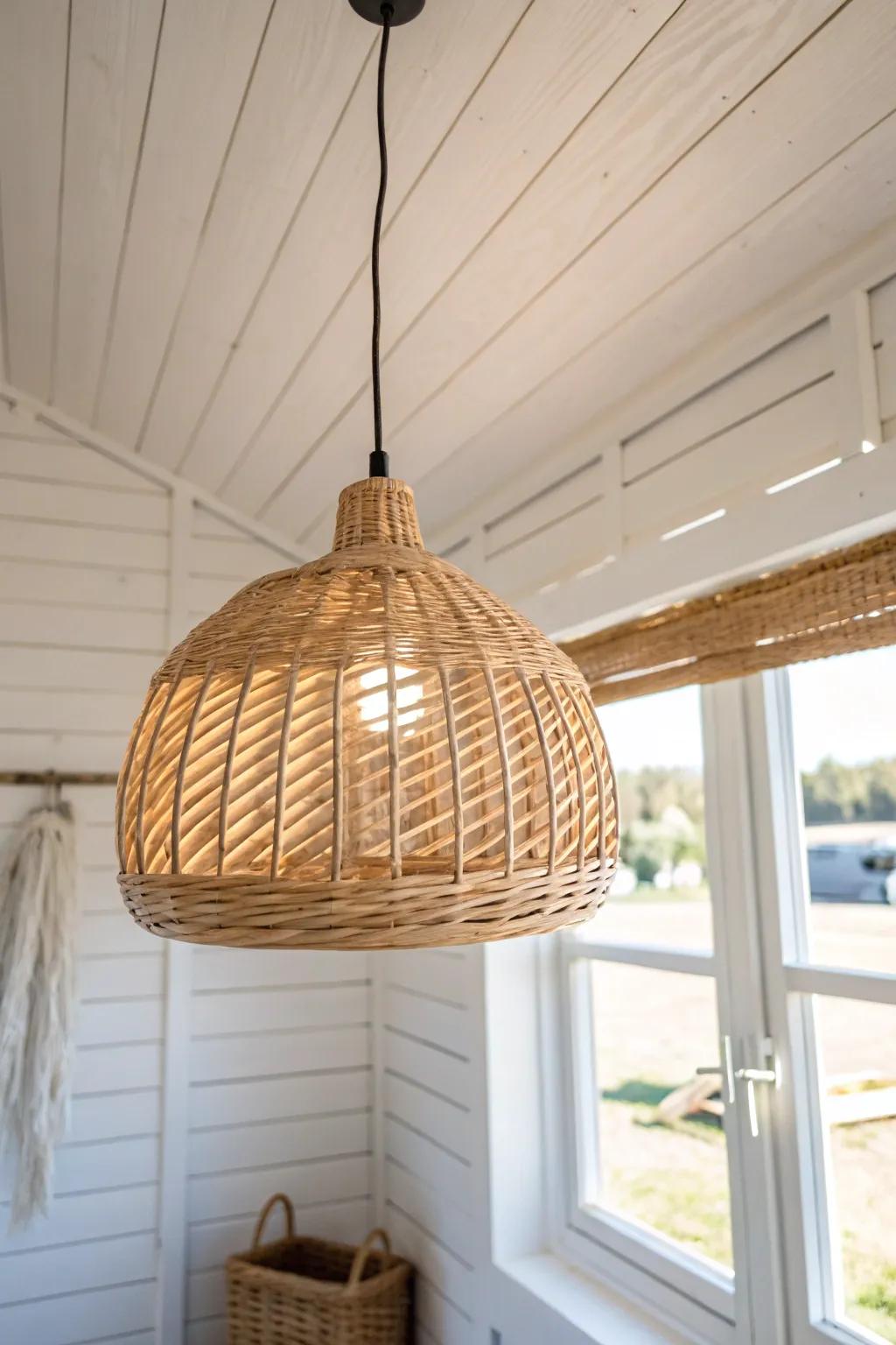 Light walls, bright trim, and natural texture instantly make a mobile home feel taller and fresher.