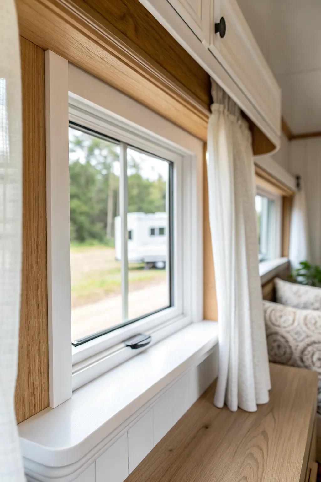 Crisp white Craftsman window casing instantly upgrades a mobile home with a taller, polished look.