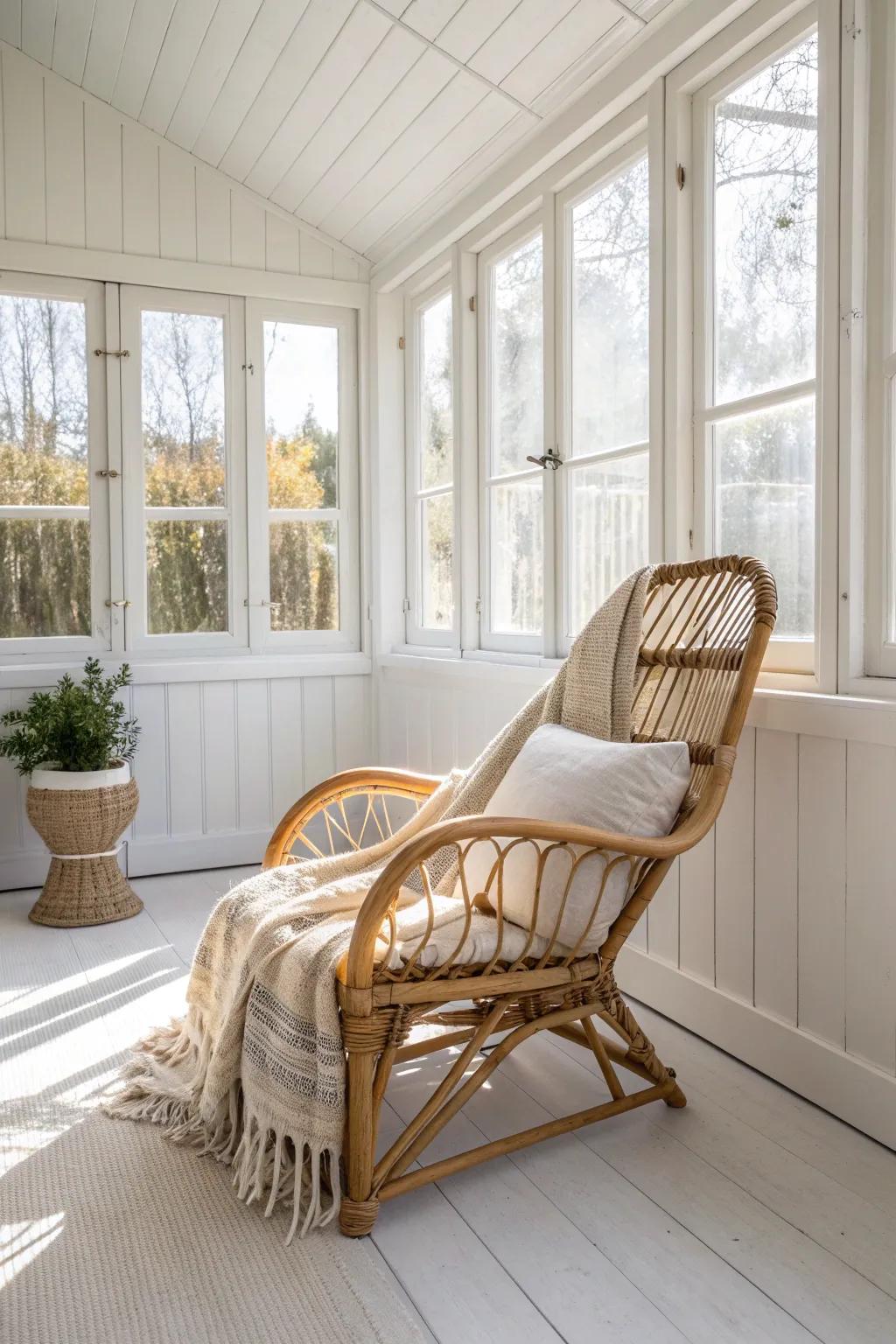 Bug-free bliss: a classic screened-in sunroom styled with one airy rattan chair for coffee chats.