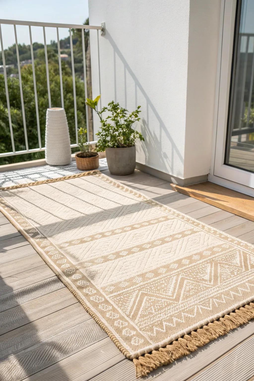 A neutral outdoor rug instantly anchors a modern balcony into a cozy outdoor living room.