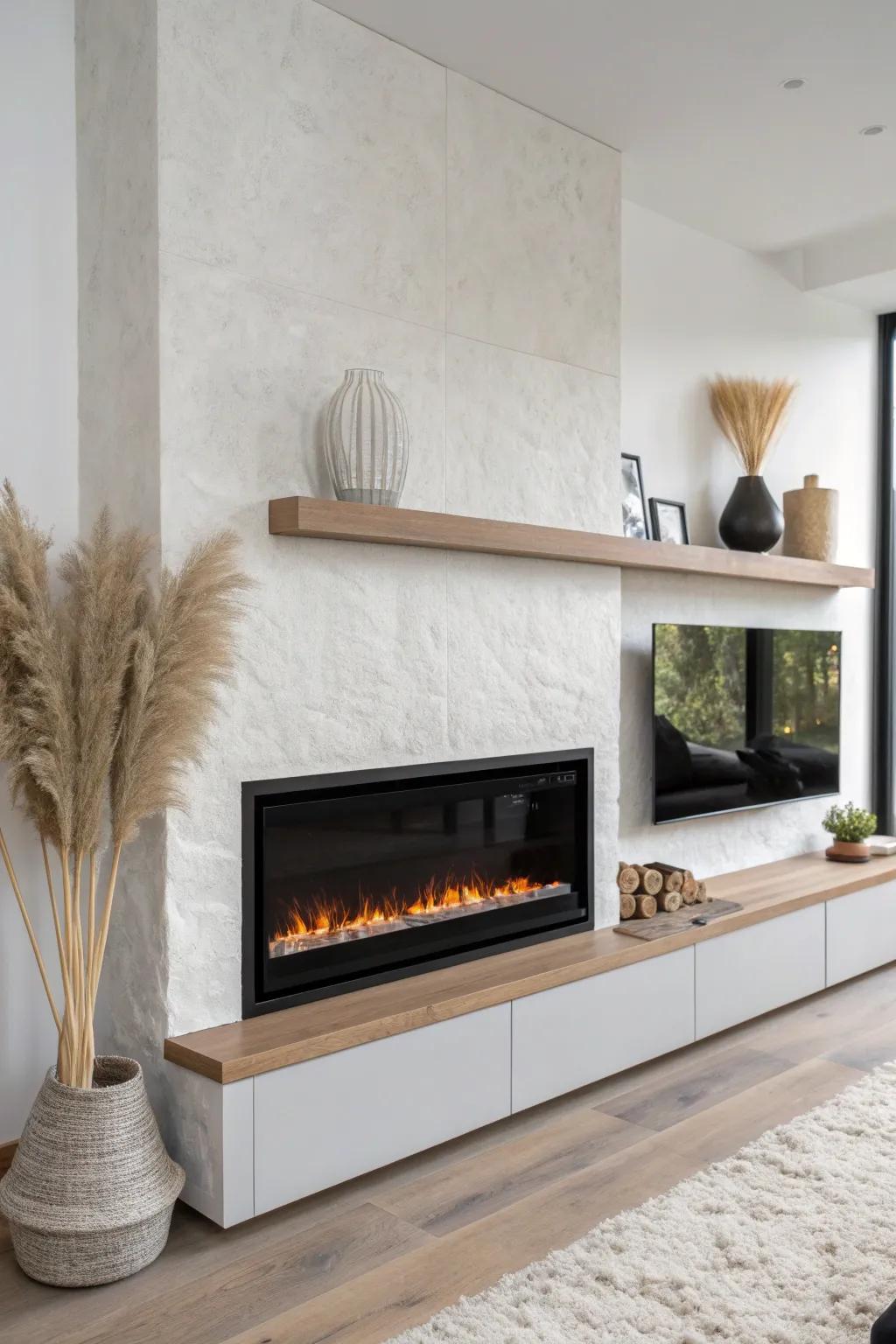 A linear electric fireplace media wall that feels custom-built—sleek, calm, and space-smart.