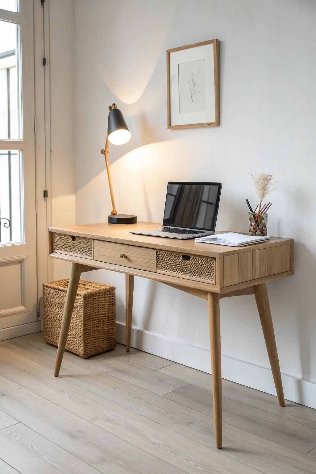 A slim, simple desk keeps a tiny work zone modern, airy, and clutter-free.