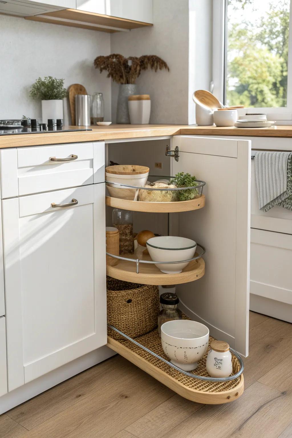 L-shaped modular magic: a corner carousel turns dead space into effortless storage.