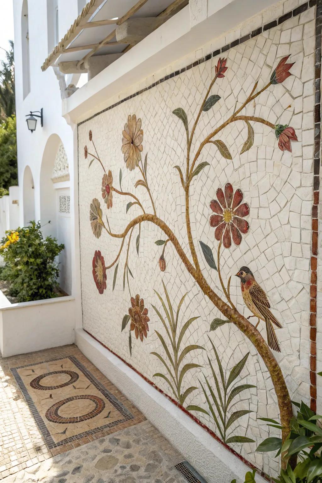 Embrace nature's elegance with a handcrafted mosaic mural that brings the beauty of the outdoors into your home.