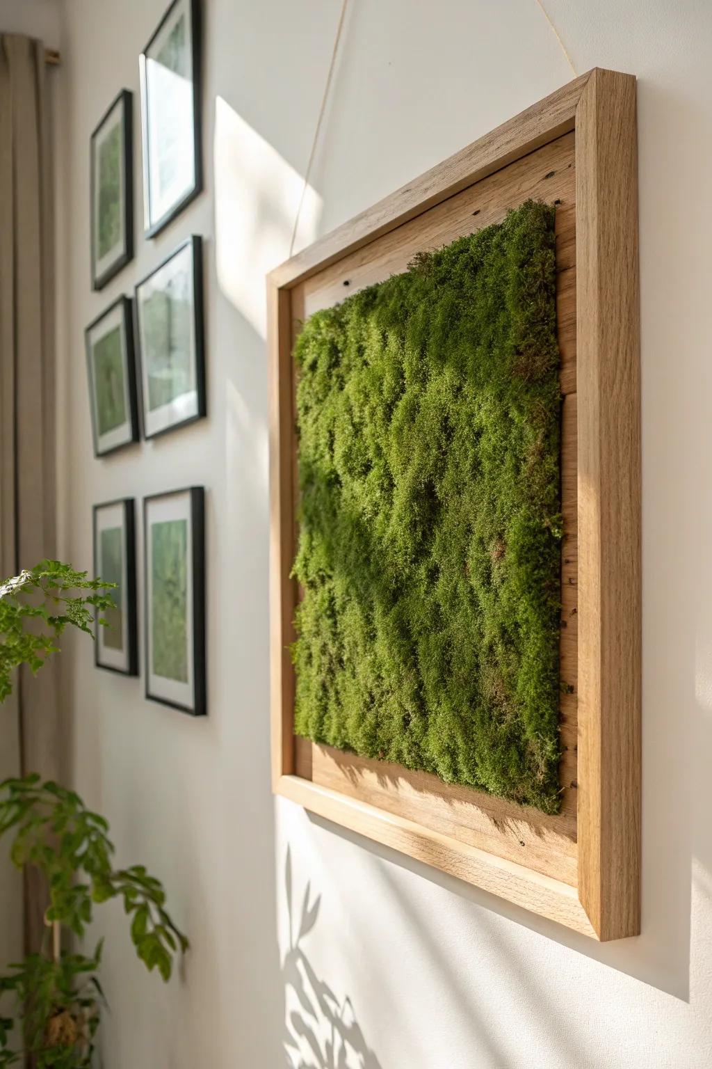 Classic framed moss panel: slim oak frame and rich green texture for calm, cozy small spaces.