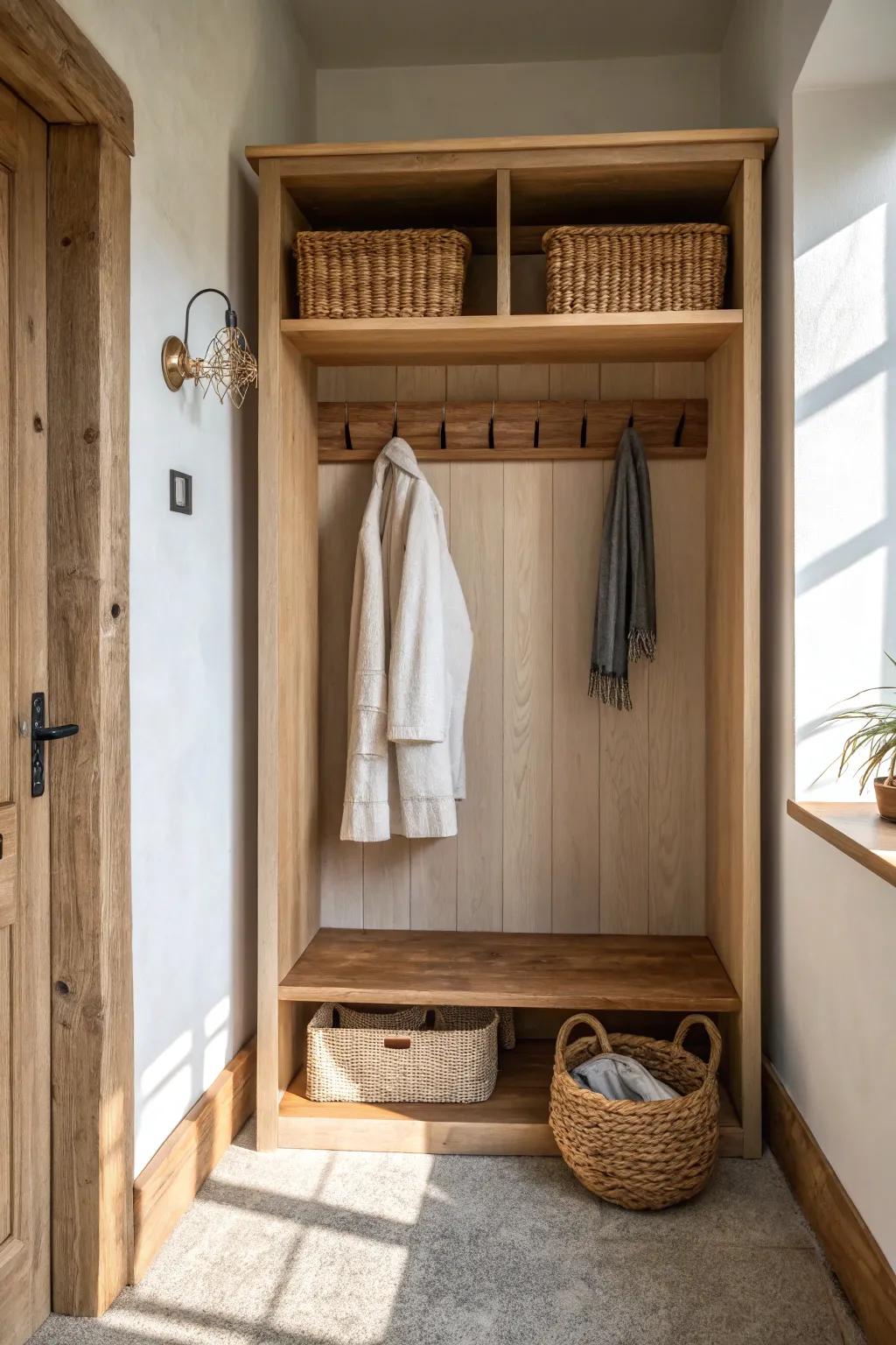 Remove the doors for an open mudroom closet that feels airy, organized, and beautifully simple.
