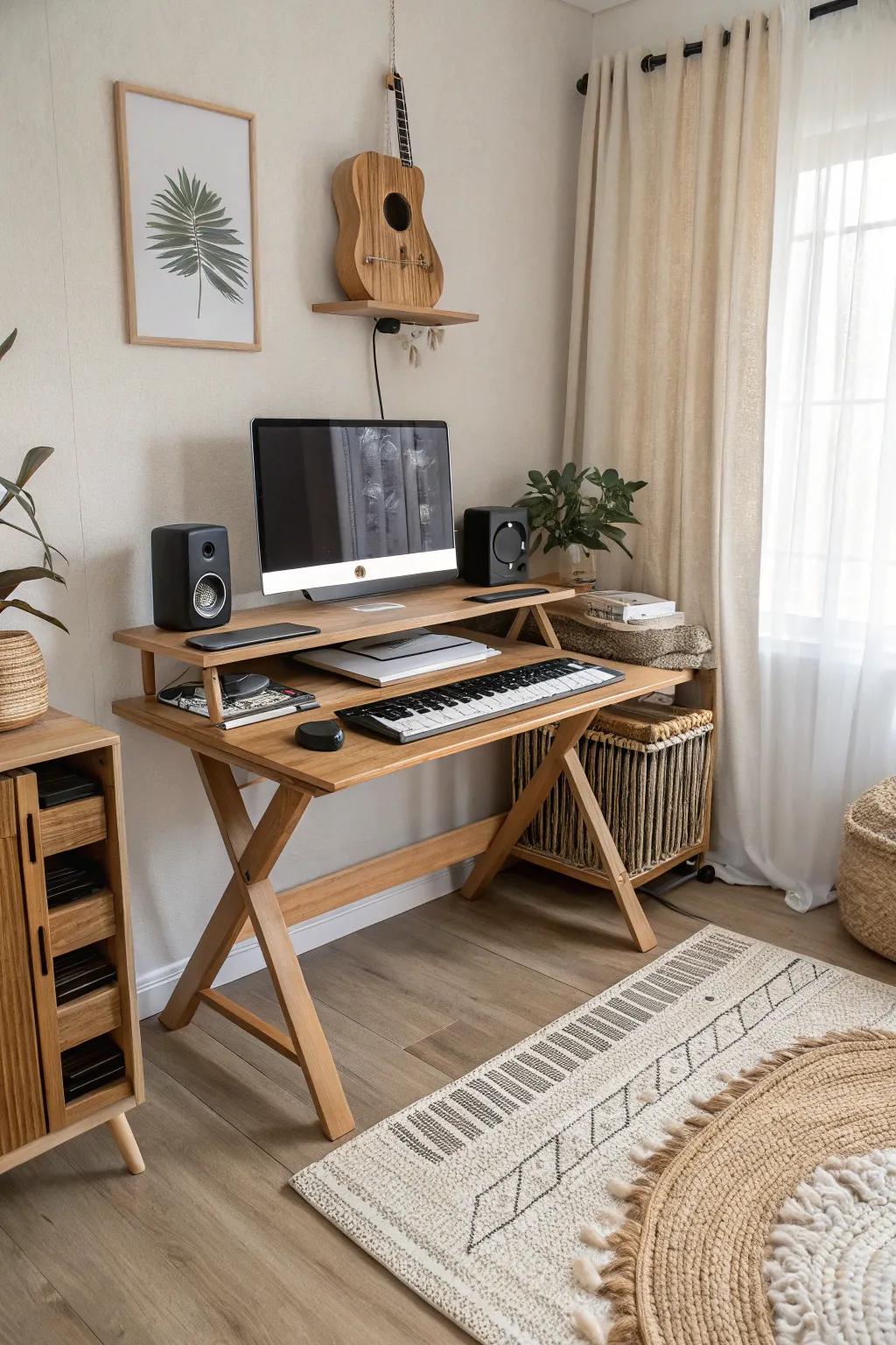 Claim a corner command center: an angled desk keeps your studio centered in a tiny room.
