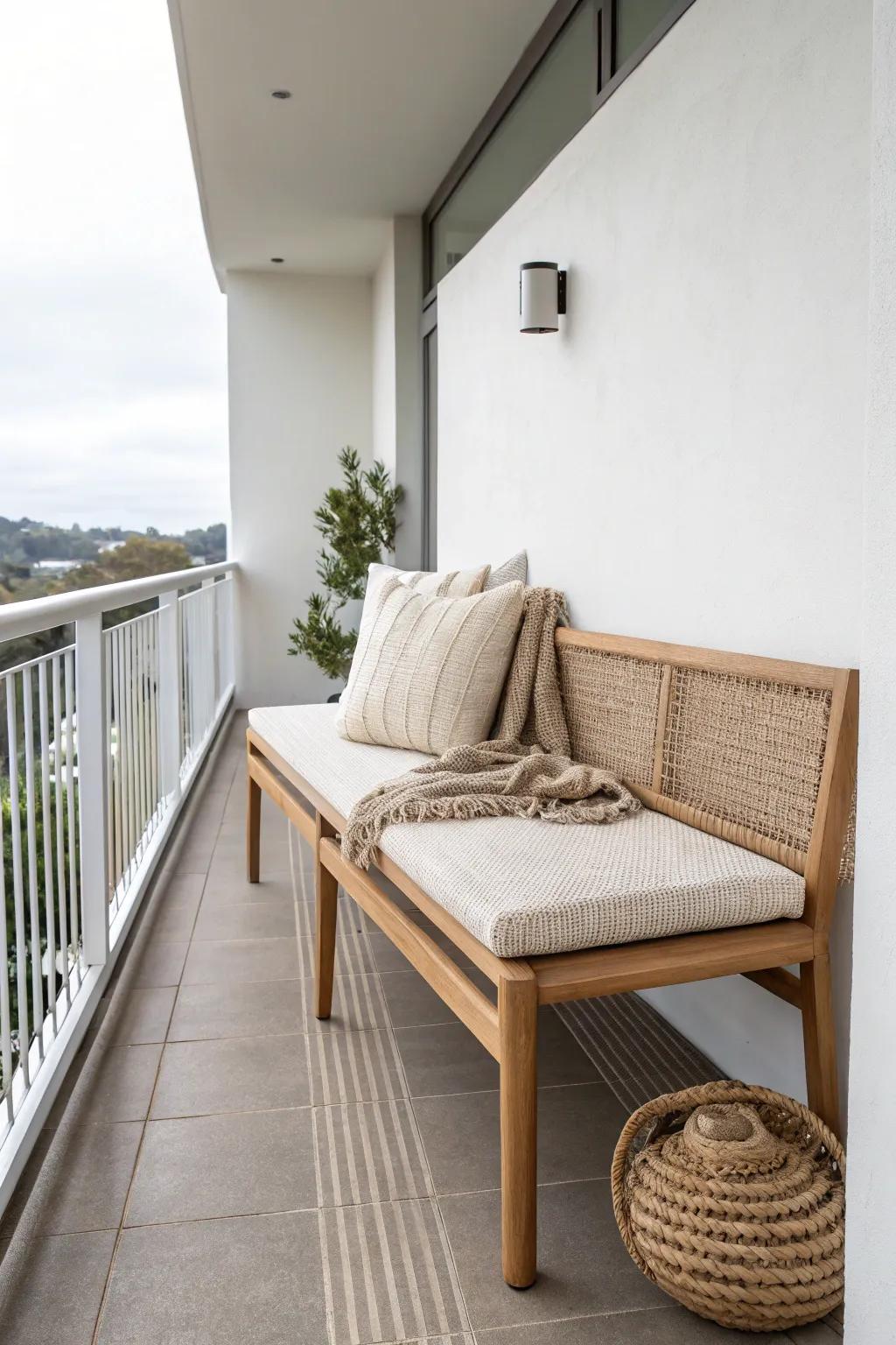 End-cap bench lounge keeps your narrow balcony walkway open—and instantly feels roomier.