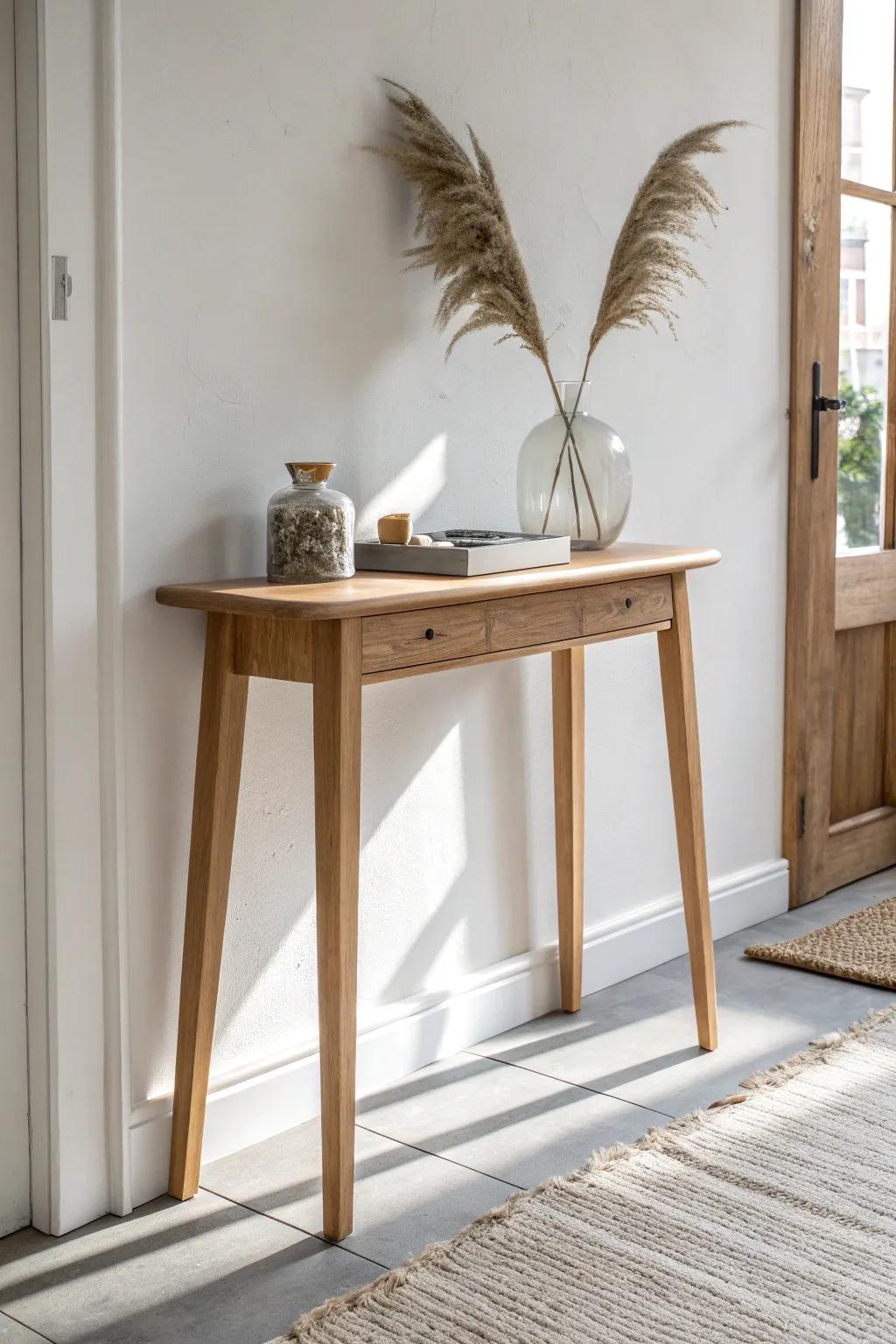 A slim console table adds a stylish drop zone—without stealing precious walkway space.