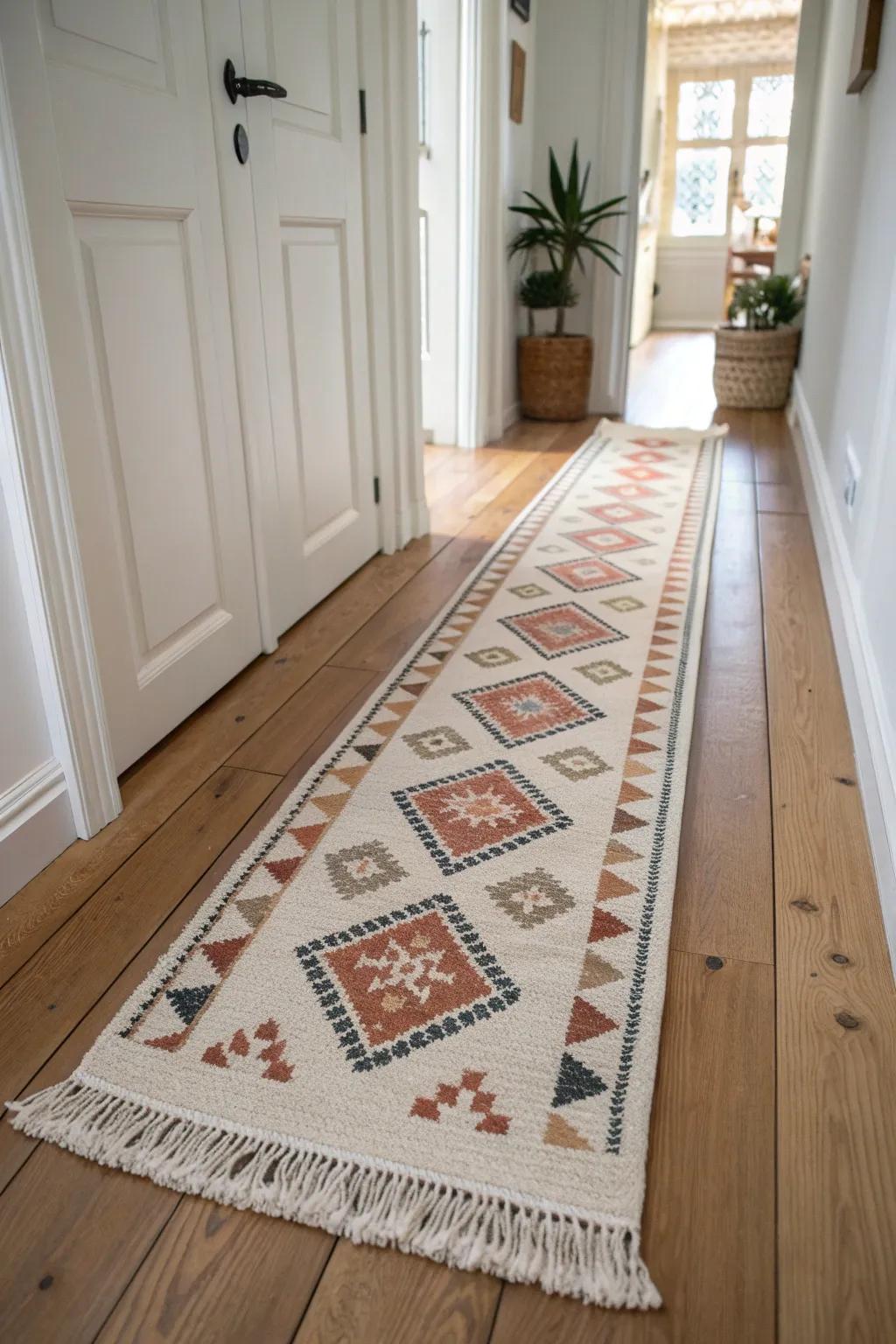 A patterned runner rug adds warmth, hides scuffs, and makes a narrow hallway feel finished.