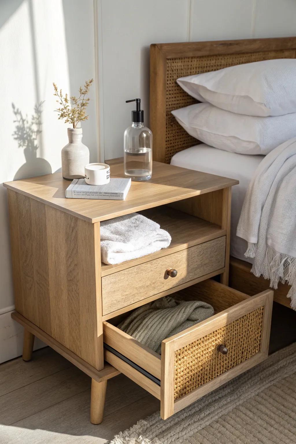 Reset your nightstand: empty it, wipe it down, and reclaim prime bedside storage space.