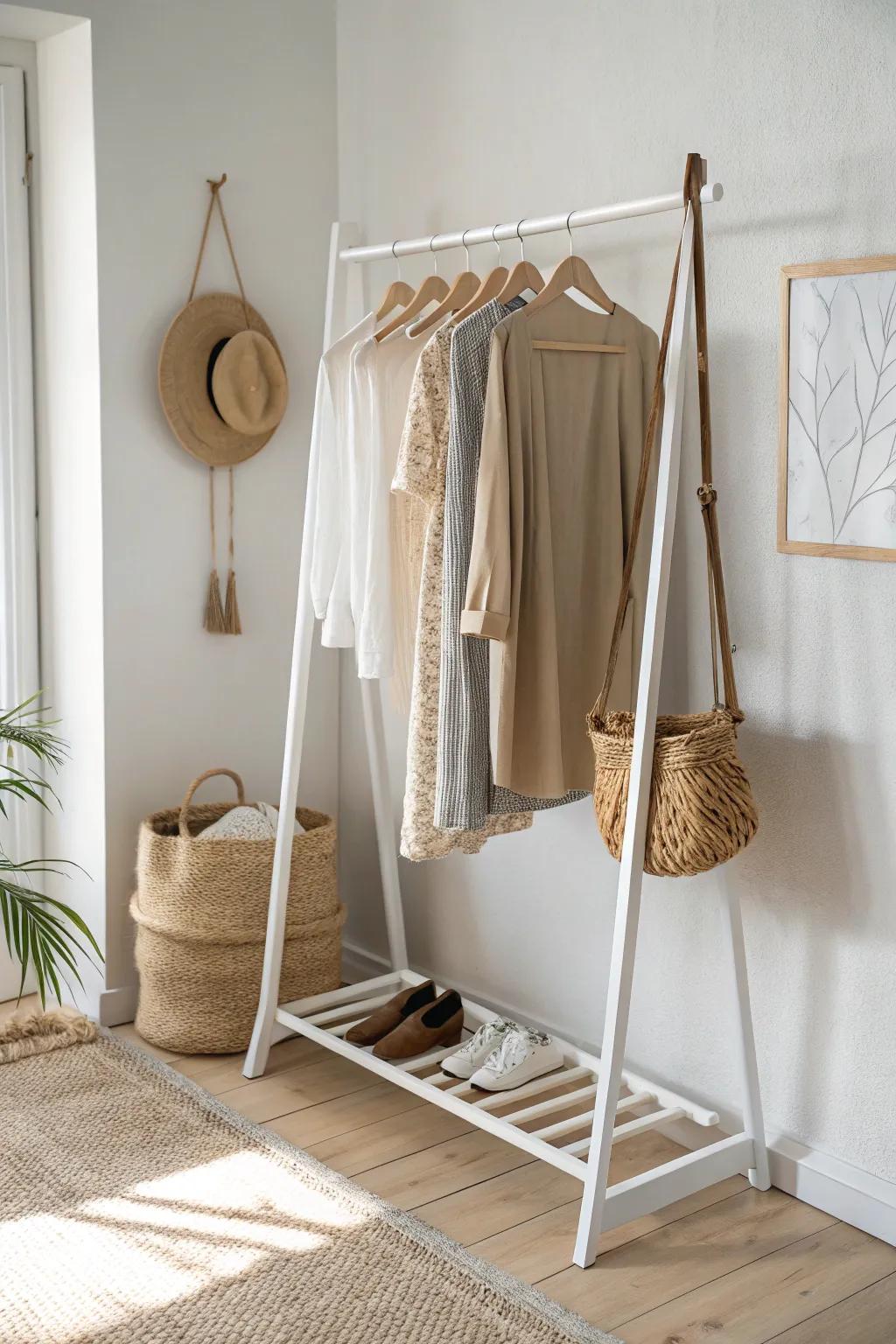 A slim freestanding rack creates instant hanging space—keep it airy with a few favorites.