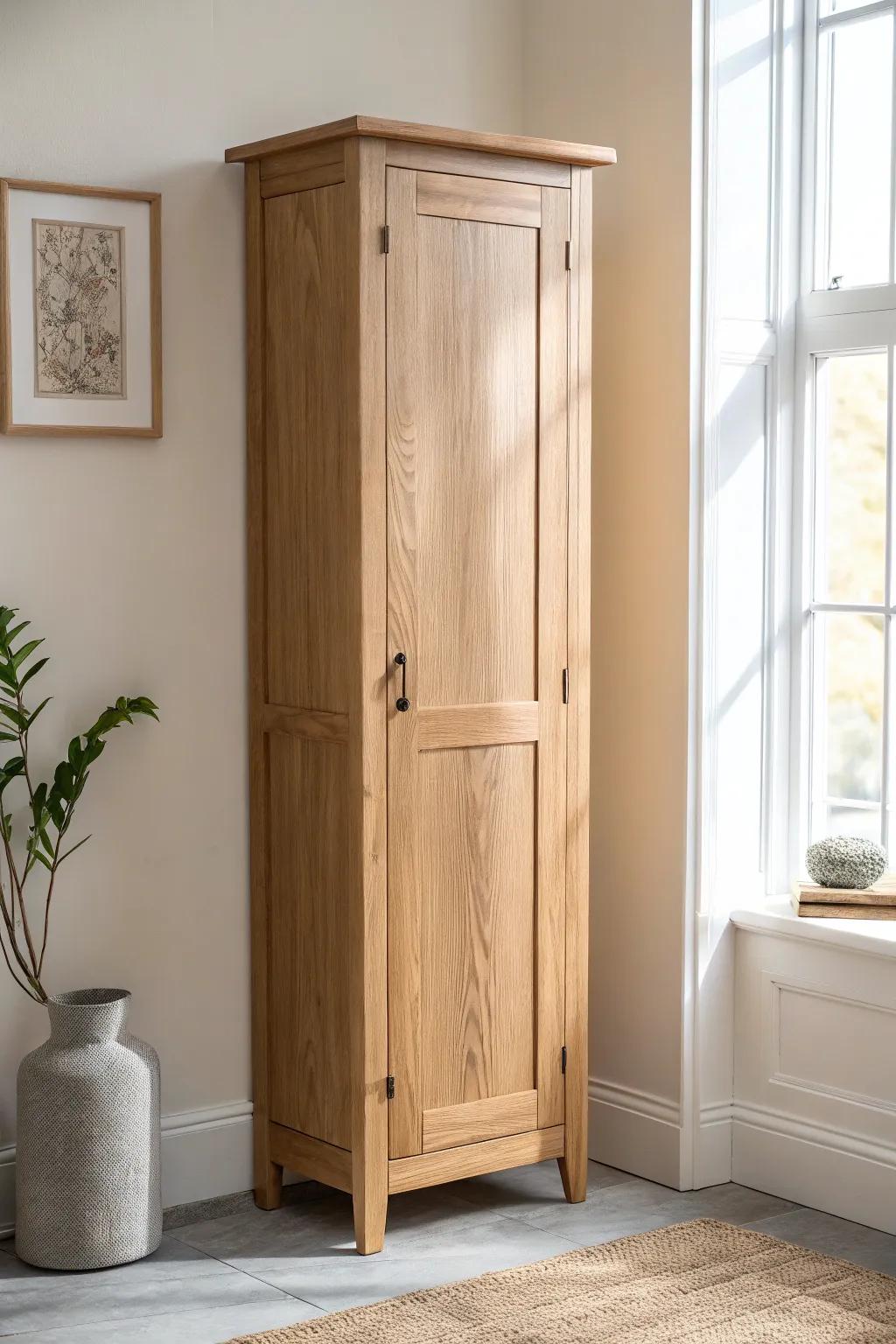 A tall freestanding cabinet turns any small bathroom corner into a calm, tidy linen closet.