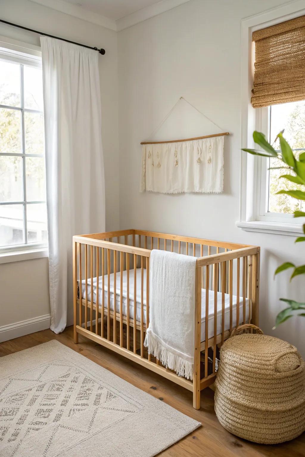 Tuck the crib into a quiet corner to keep your bedroom nursery airy, calm, and intentional.