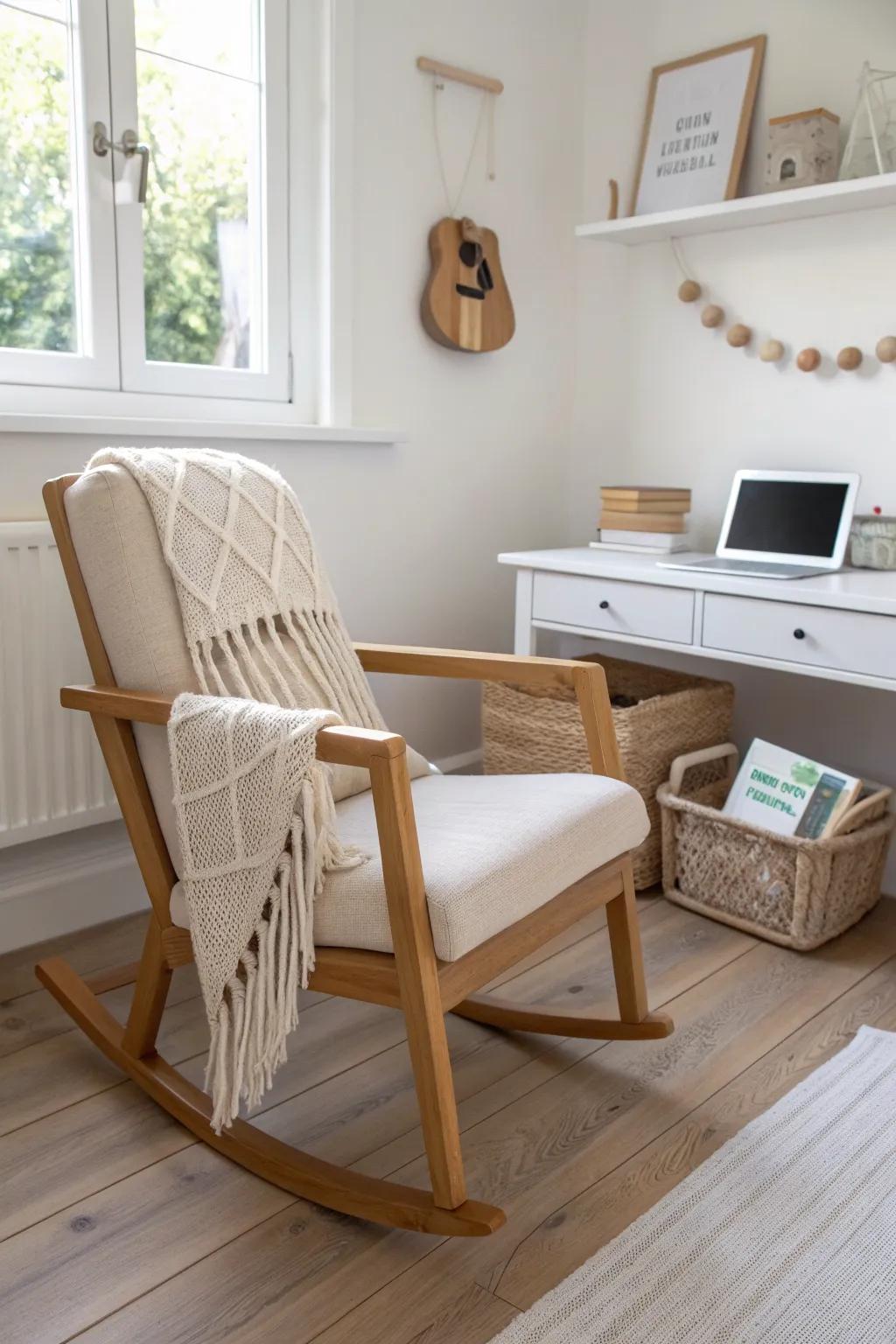 Two-corner zoning: serene nursing chair nook, with a blurred desk corner across the room.