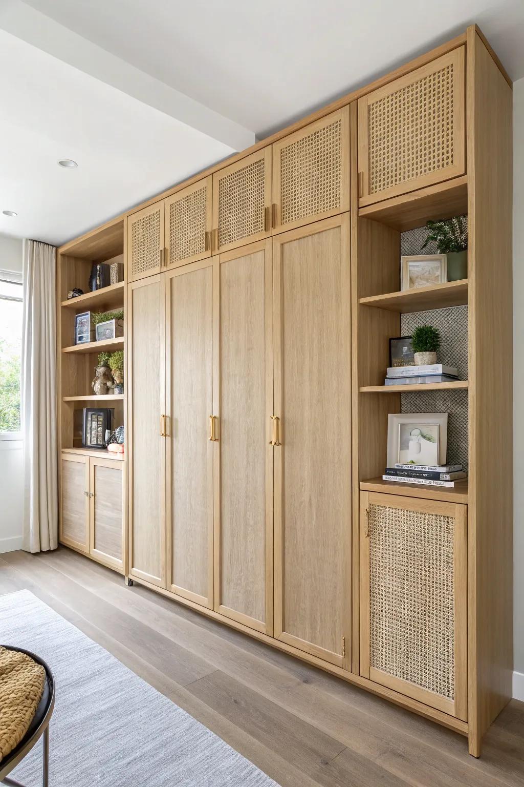 Full-wall floor-to-ceiling built-ins: calm, seamless storage that makes small offices feel bigger.