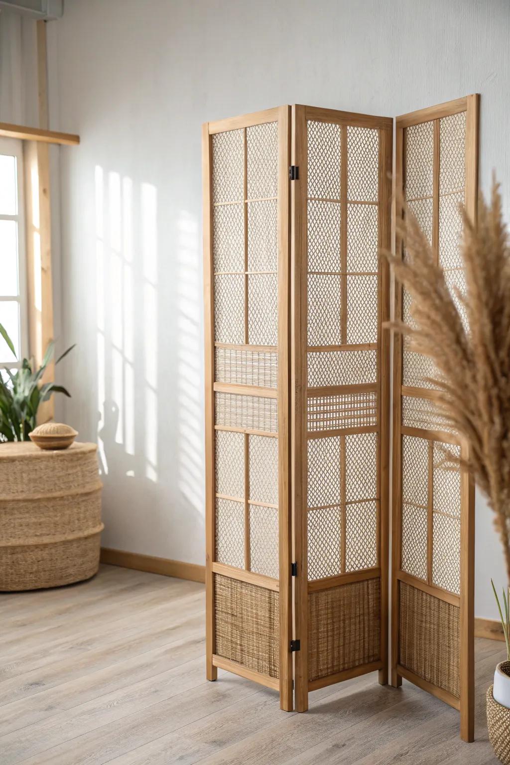 A timeless folding screen in light oak and cane—instant focus and soft, airy separation.