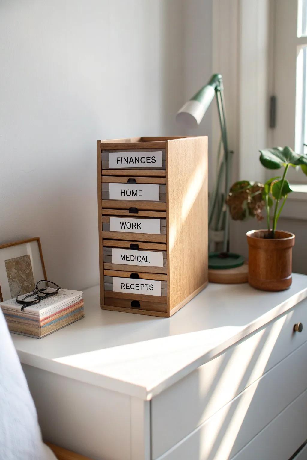 Keep a tiny home office calm: one slim file with 5 simple categories—Finances to Receipts.