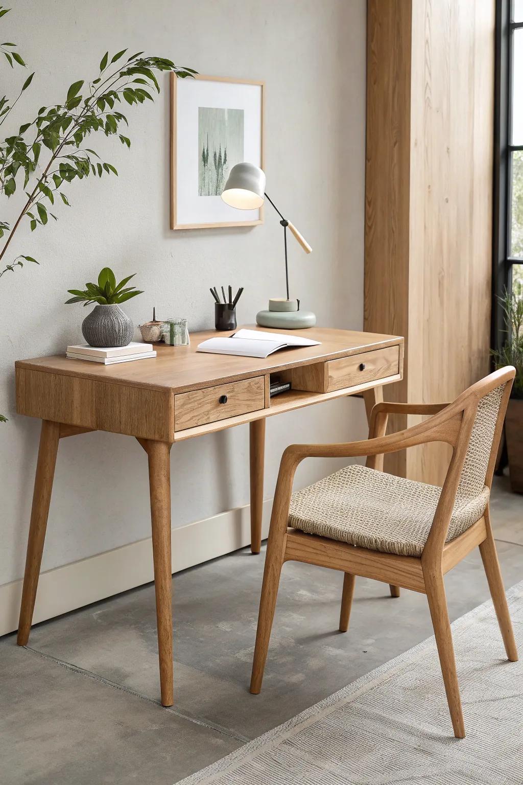 Compact desk + comfort-first chair with matching tones—tiny-space office furniture that looks intentional.