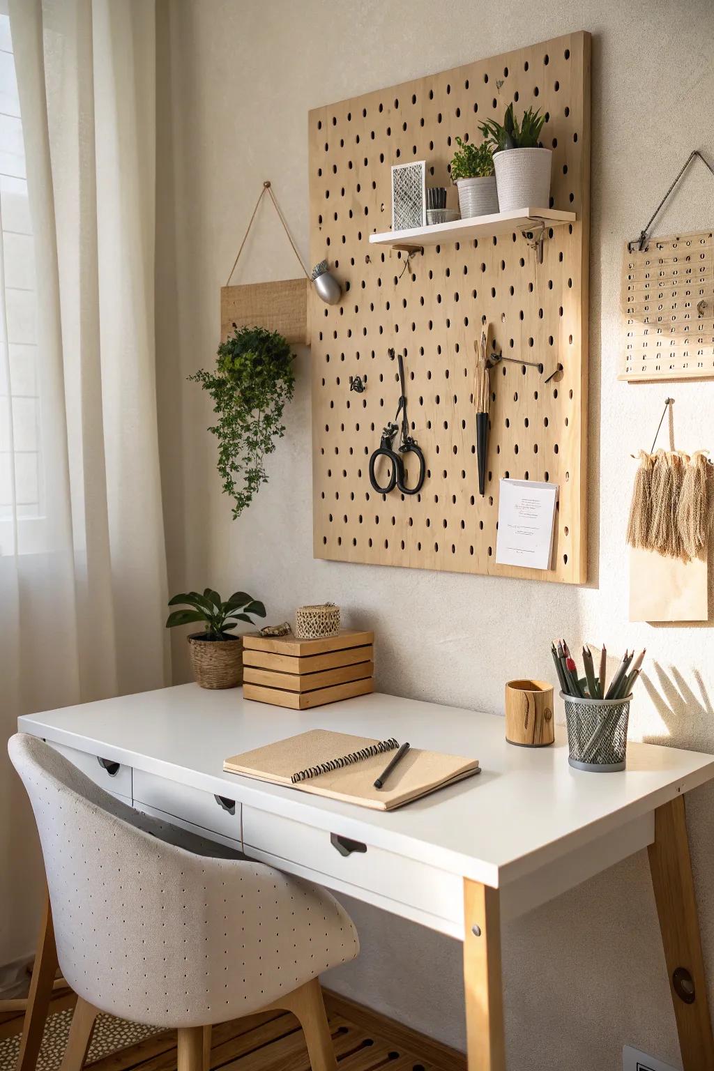 A classic above-the-desk pegboard keeps everyday tools handy and your small desk clear.