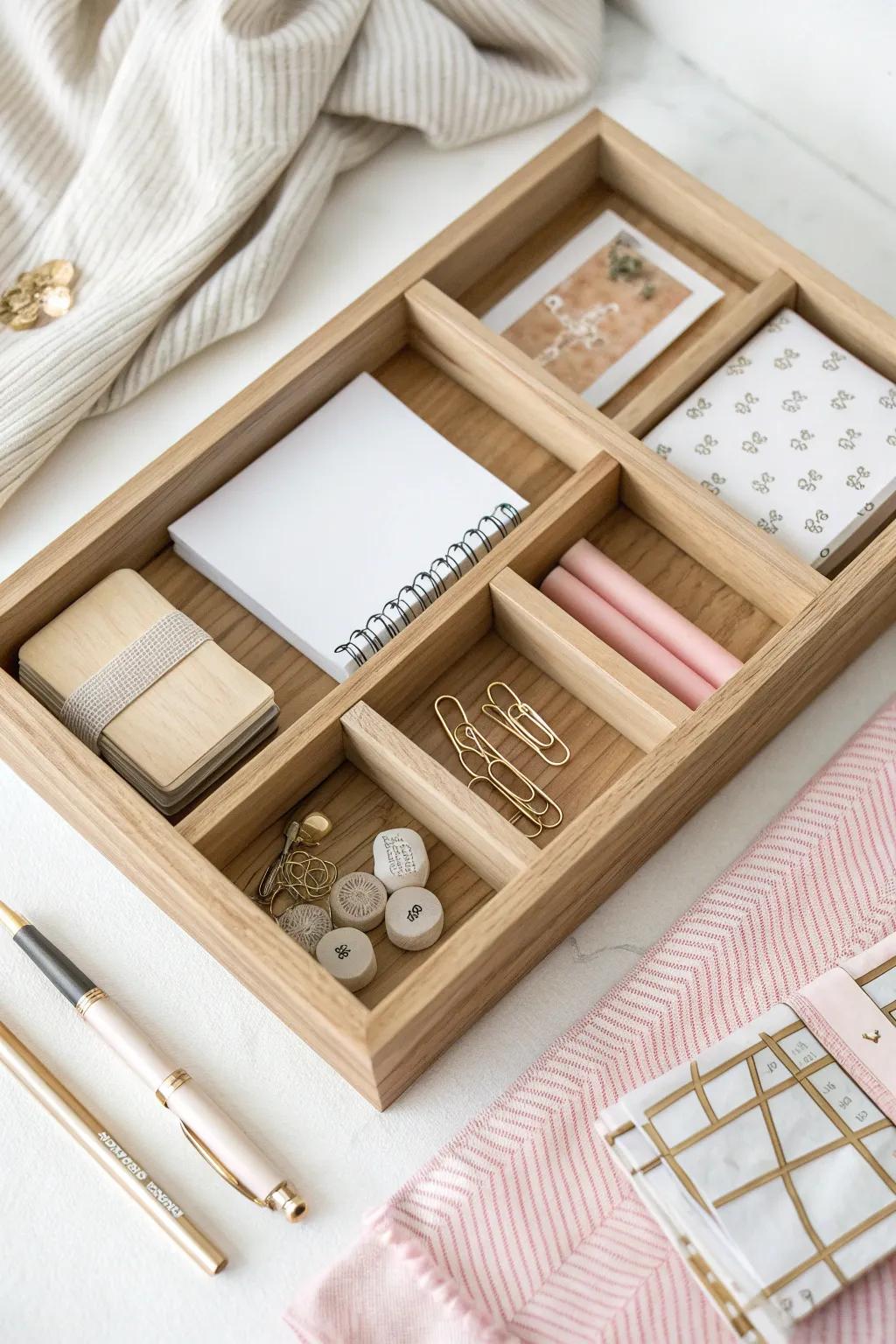 Micro-zone drawer dividers keep pens, clips, and sticky notes tidy in the tiniest space.