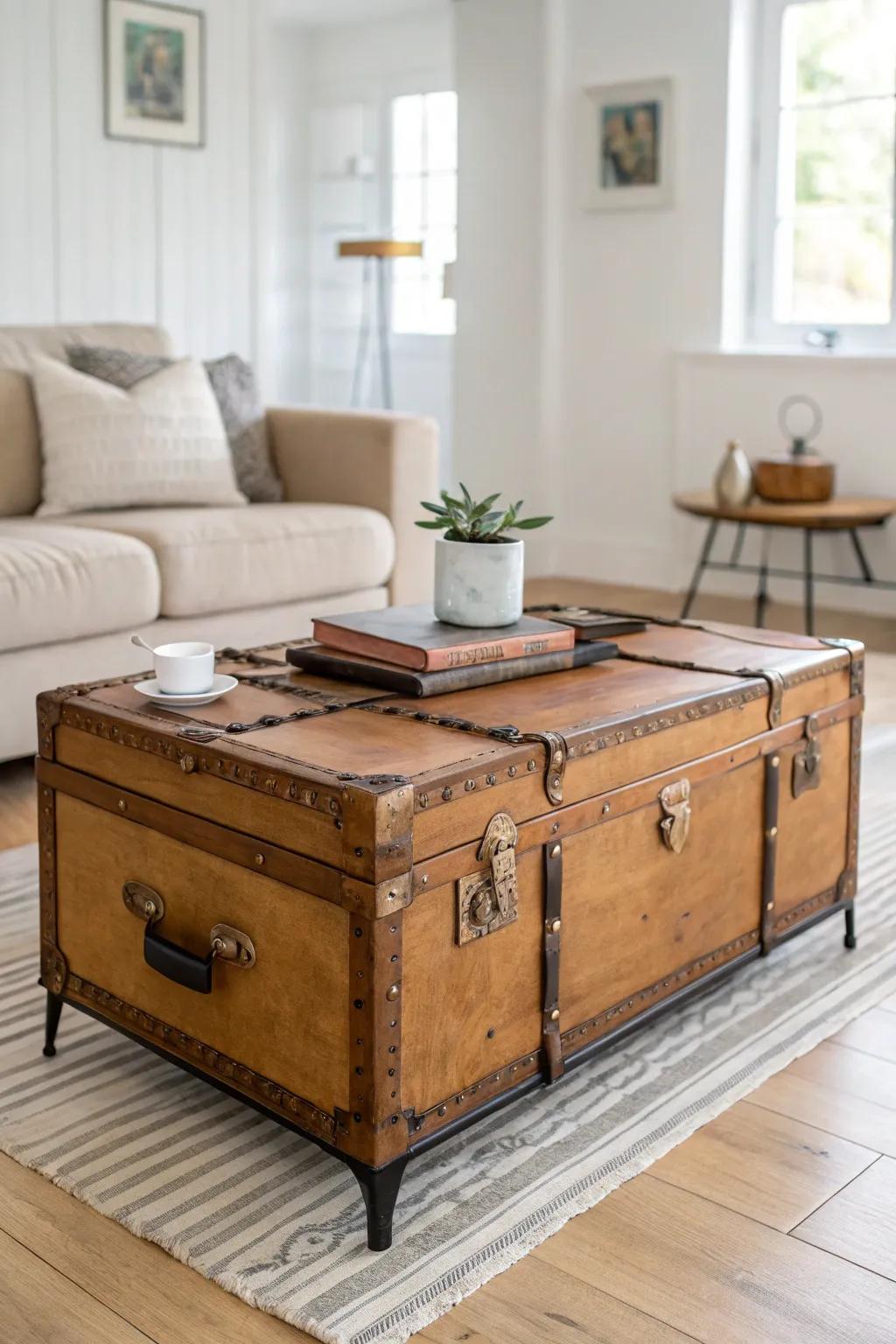 An old trunk coffee table adds hidden storage—style it with a tray for instant calm.