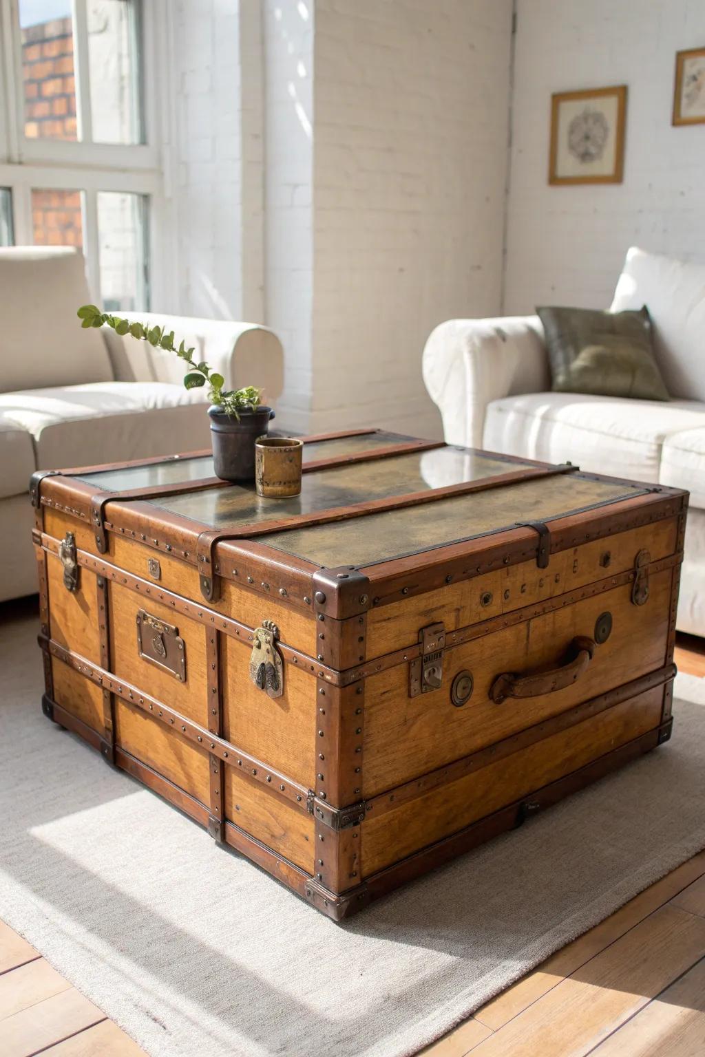 Vintage trunk coffee table with a sleek glass top—storage and style for small spaces.