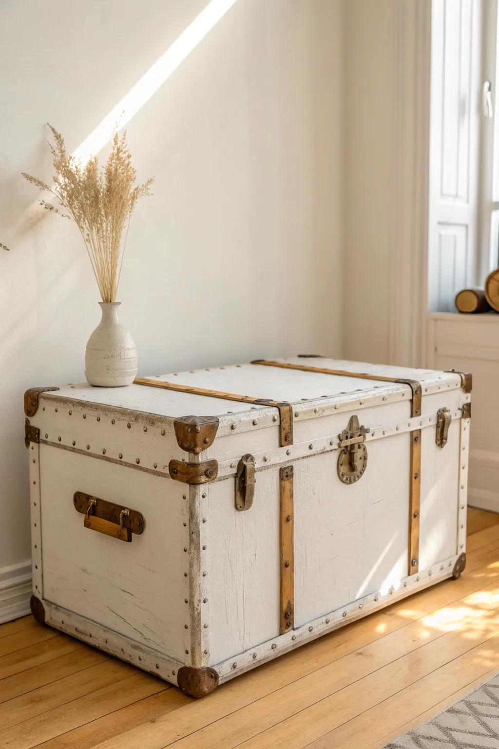 Distressed white trunk makeover—light, clean, and perfectly vintage with softly sanded edges.