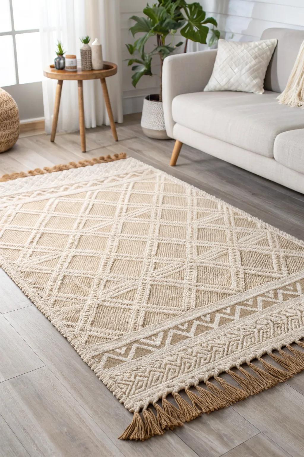 Anchor a small living area with one oversized rug—instant zoning that feels cozy and intentional.