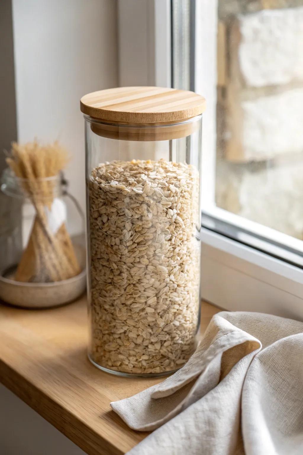 Uniform clear jars on open shelves make your pantry look calm—and restocking is effortless.