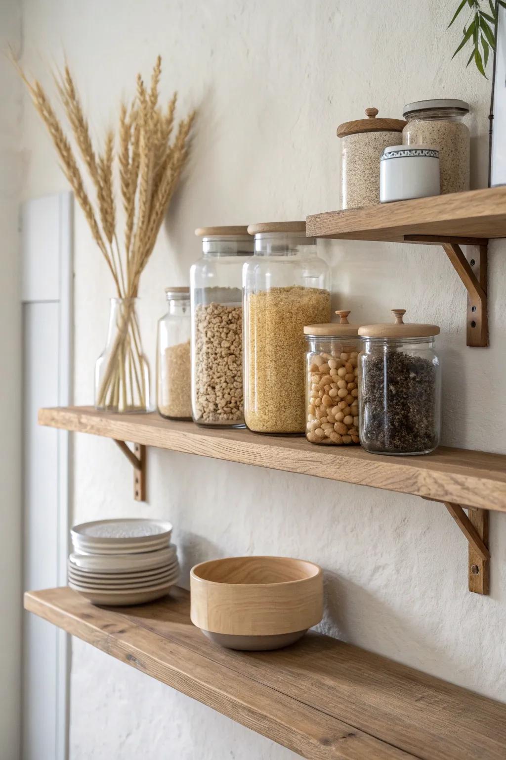 Classic floating shelves that keep an open pantry tidy—minimal, warm wood, and airy.