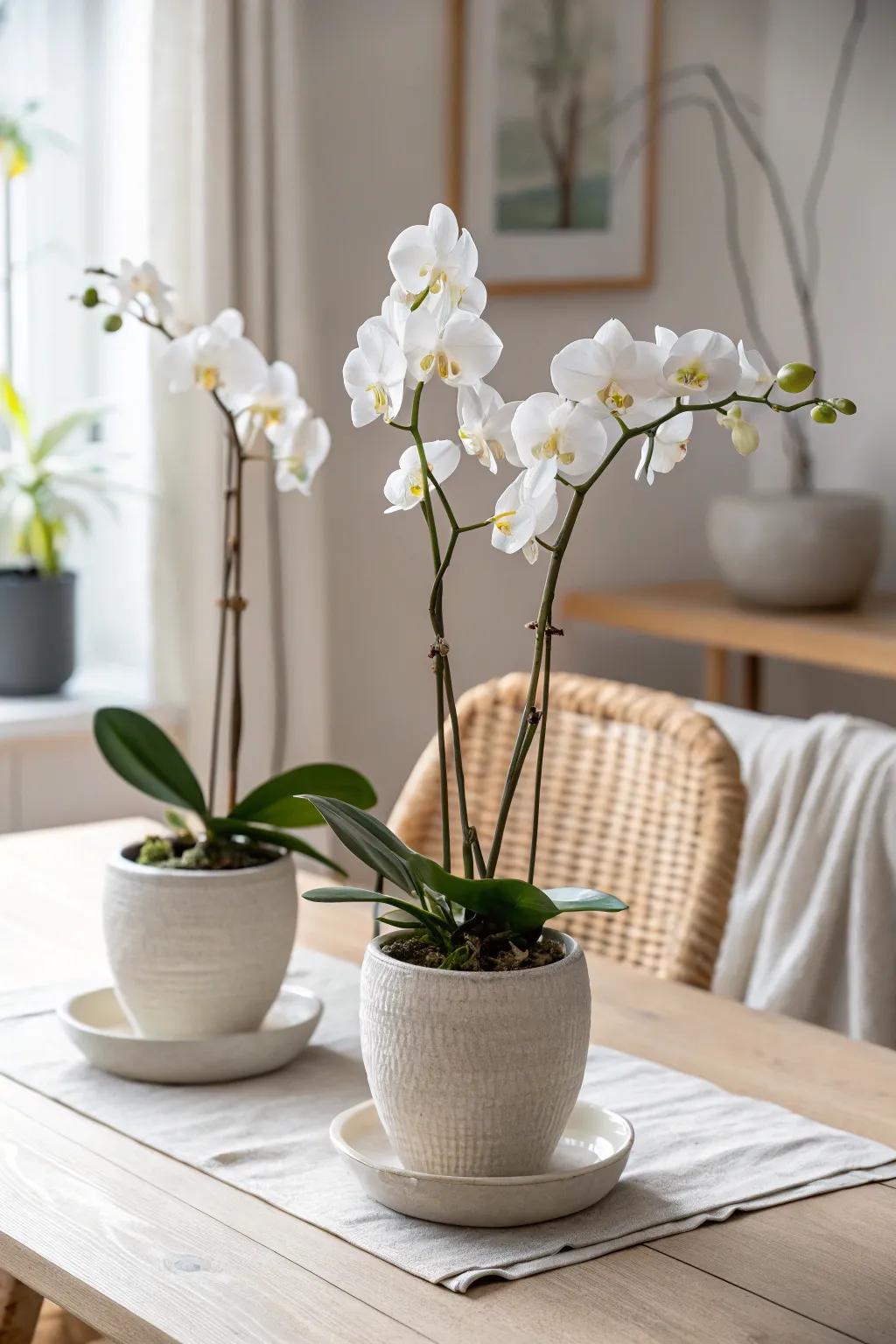 Three matching cache pots turn orchids into one calm, space-saving dining table centerpiece.