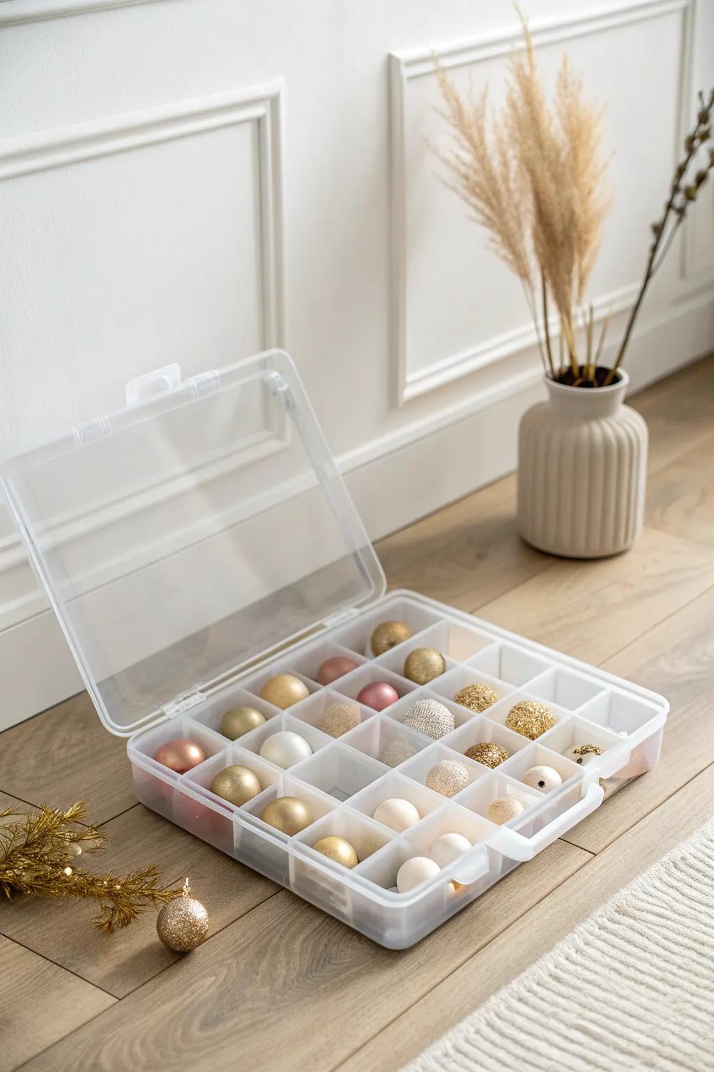 Clear lidded tote with dividers keeps ornaments visible, separated, and break-free in small spaces.