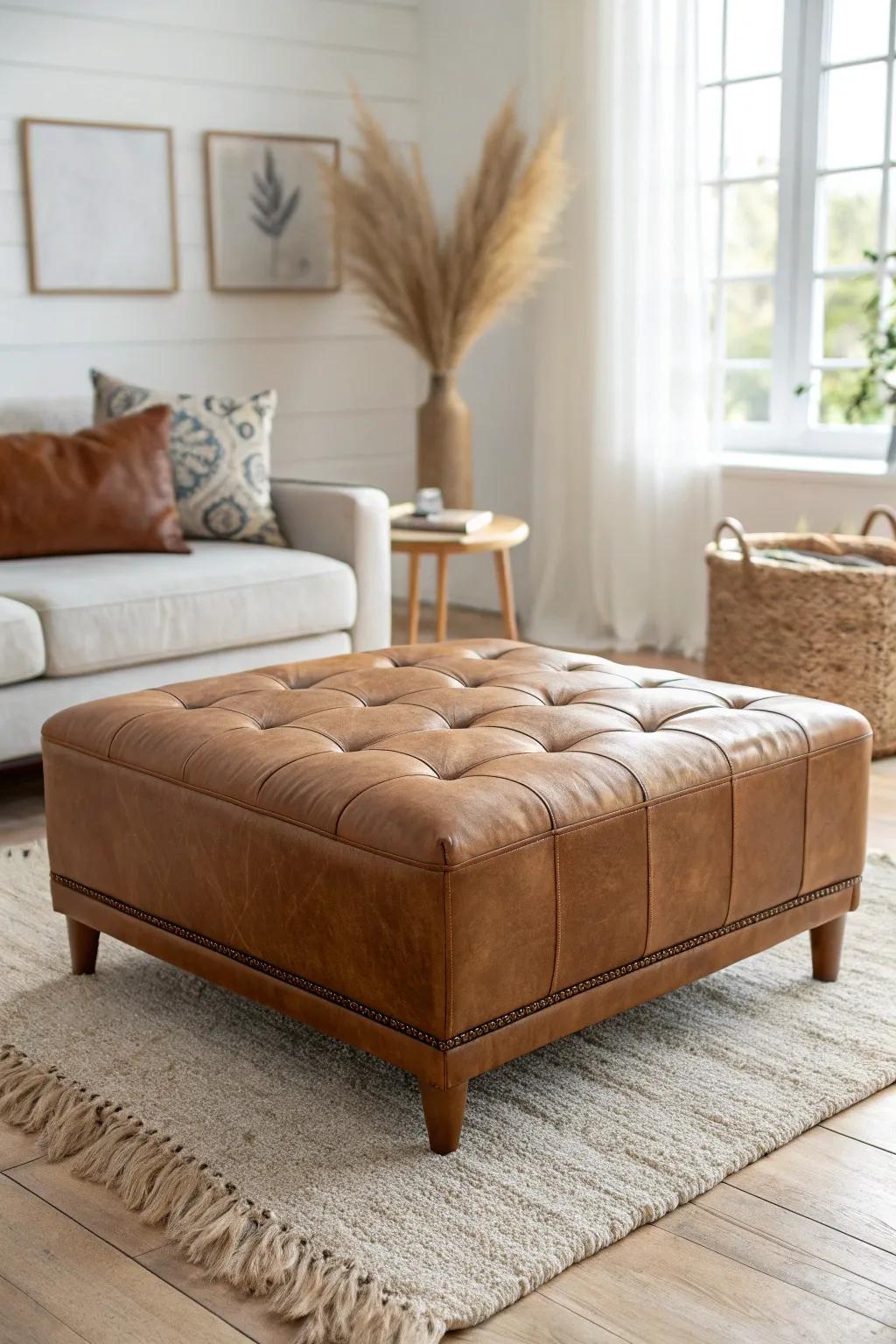 Coffee-table ottoman = instant cozy: softer edges, comfy feet-up lounging, and more flexible flow.