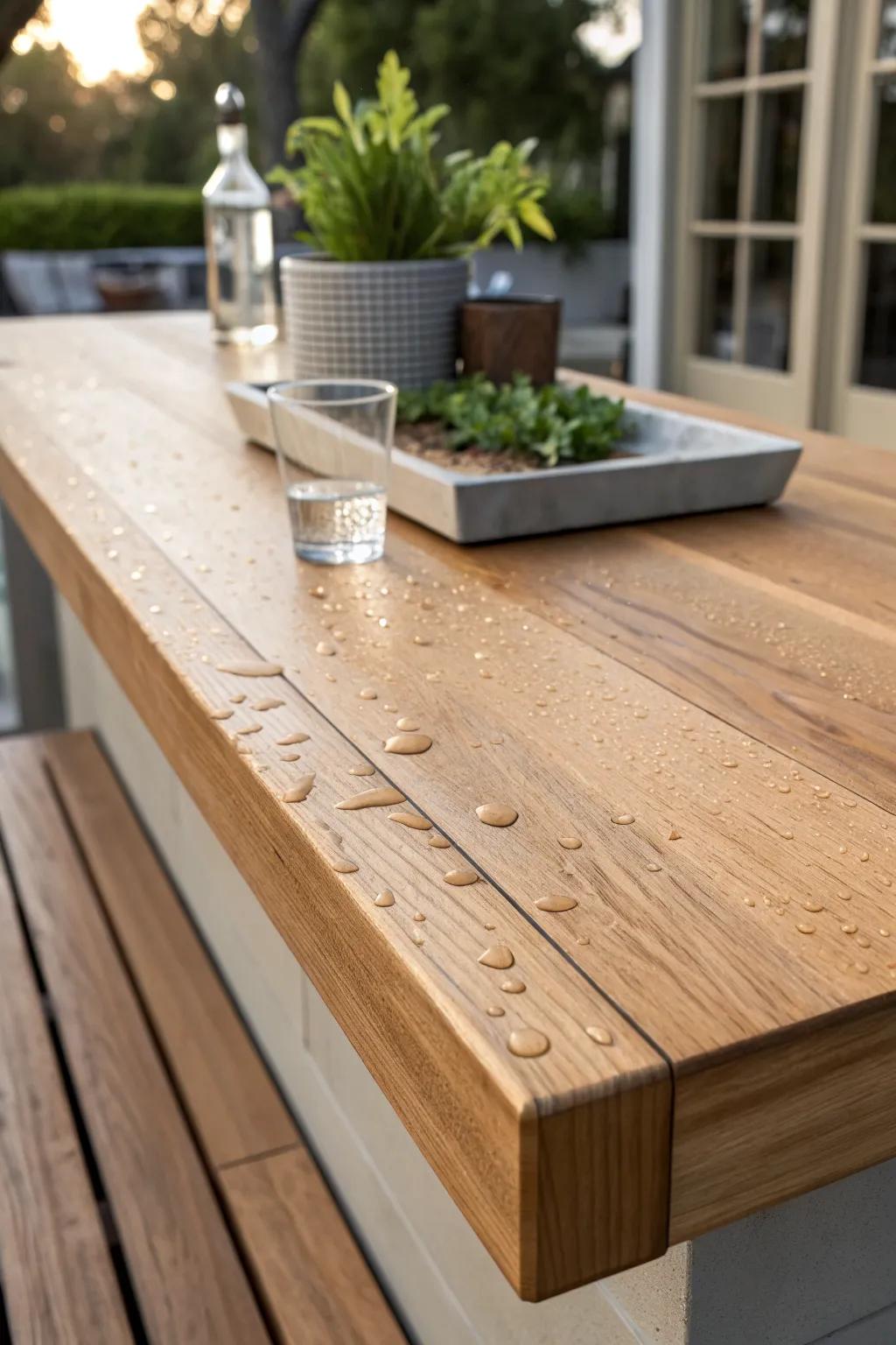 A warm sealed wood bartop that wipes clean fast—perfect for small balcony hosting.