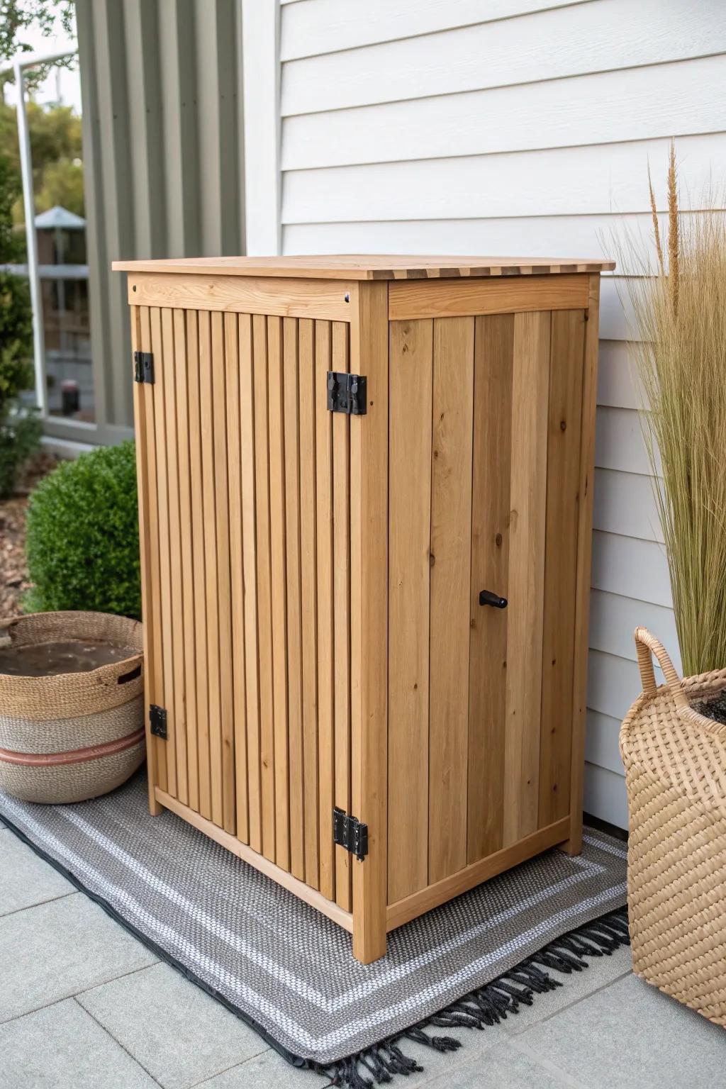 Slatted wood bin enclosure: airy, odor-friendly, and a chic upgrade for tiny patios.