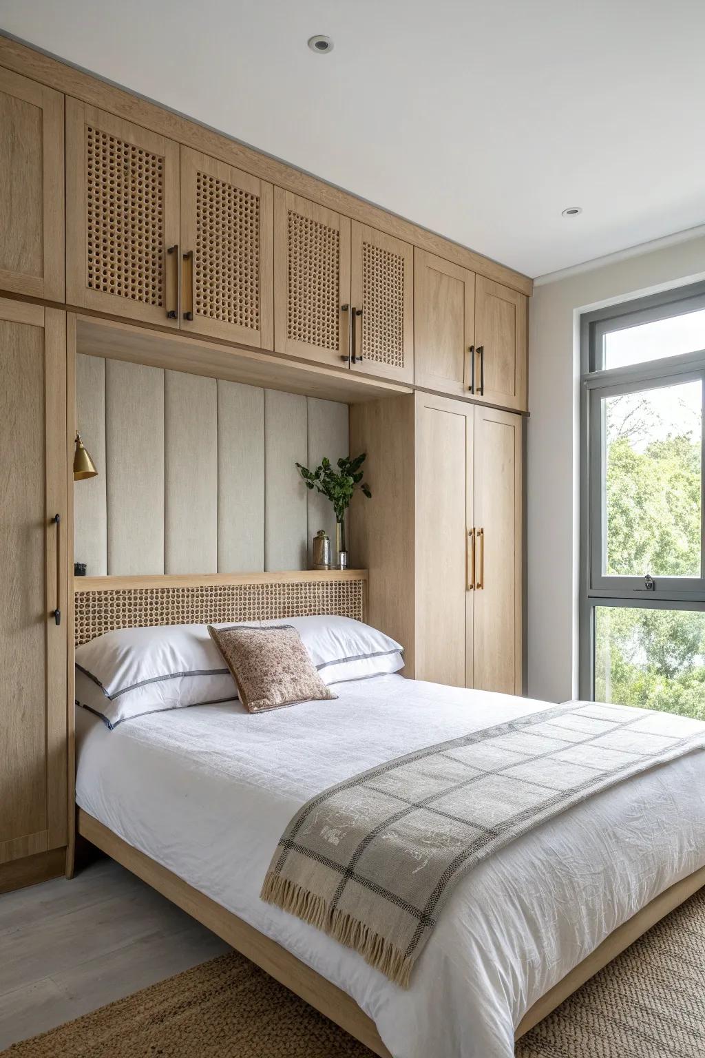 A storage bridge frames the bed beautifully—big capacity overhead, zero extra floor space.