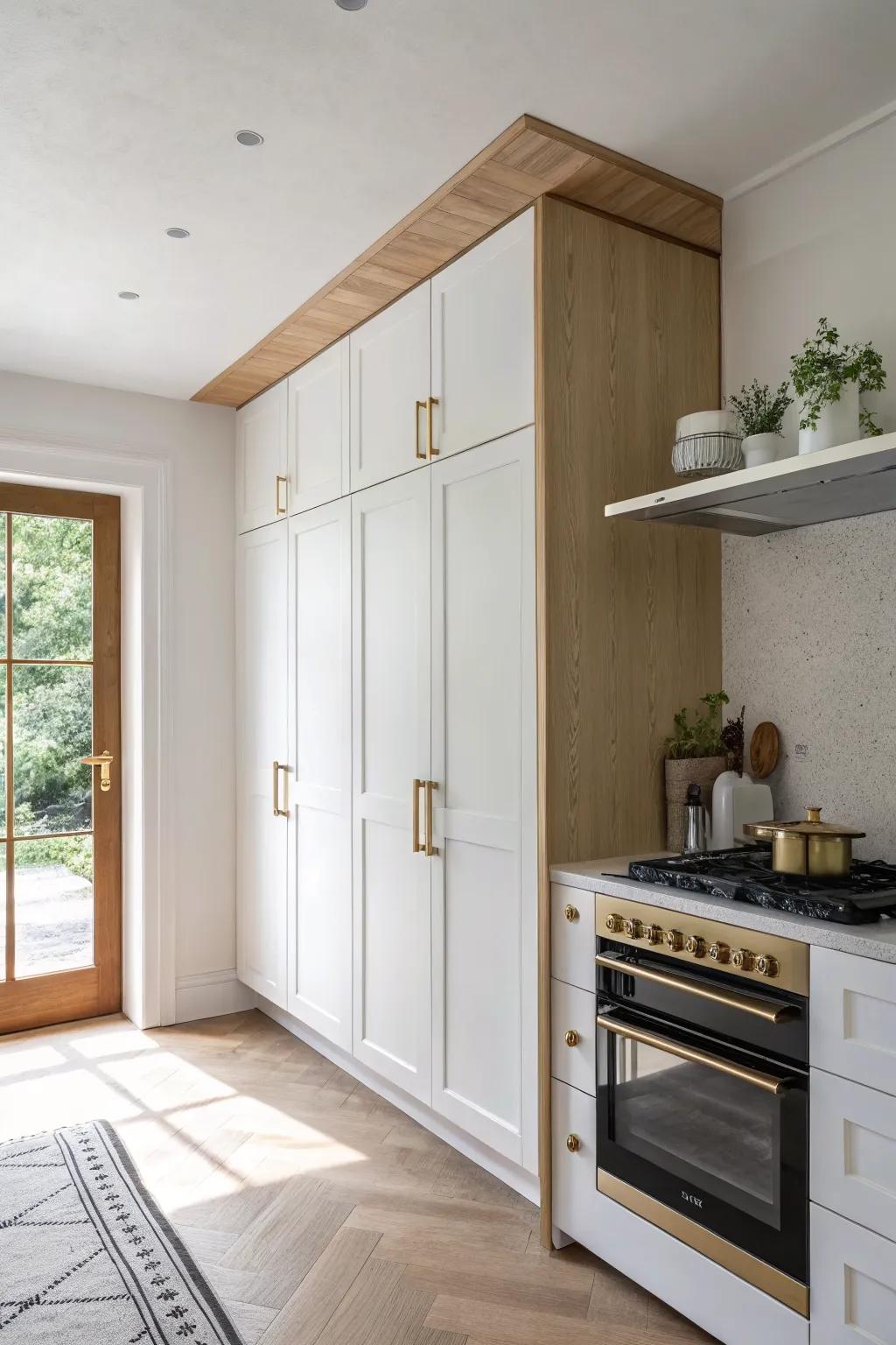 Full-height over-the-stove cabinet to the ceiling—seamless, dust-free storage for small kitchens.