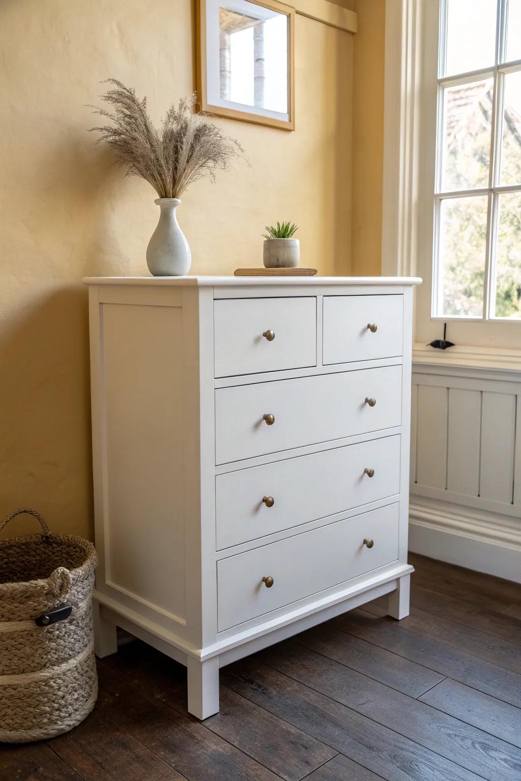 Crisp white paint gives a small chest of drawers a clean, timeless look that brightens any room.