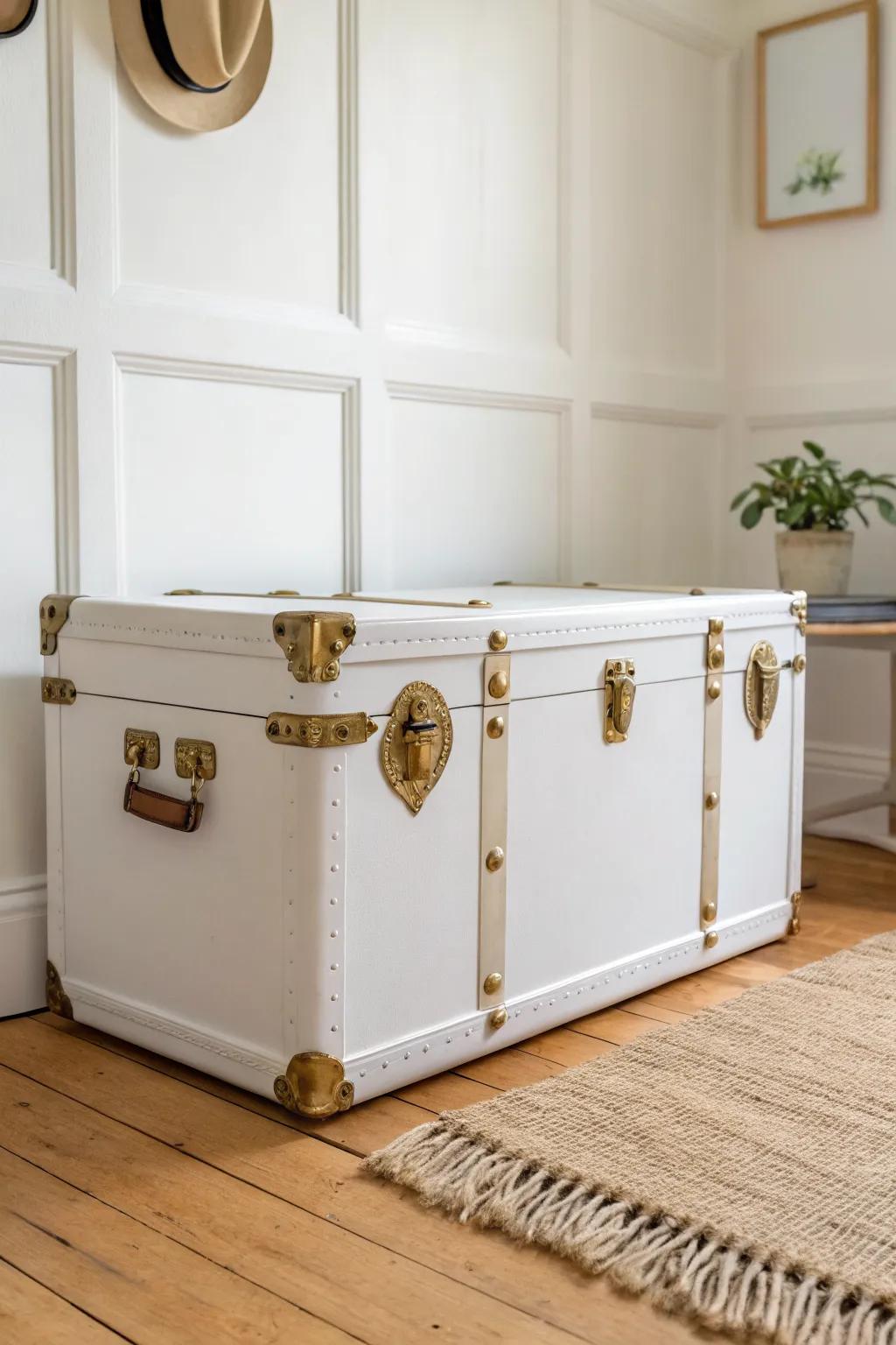 Crisp white trunk with brass hardware—bright, minimal, and perfect hidden storage for small spaces.