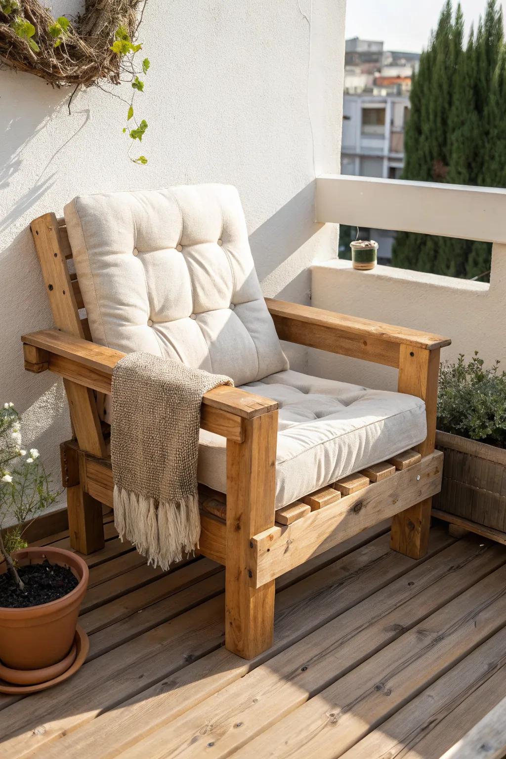 Classic pallet chair with a deep seat and plush cushion—tiny balcony seating that feels like a lounge.