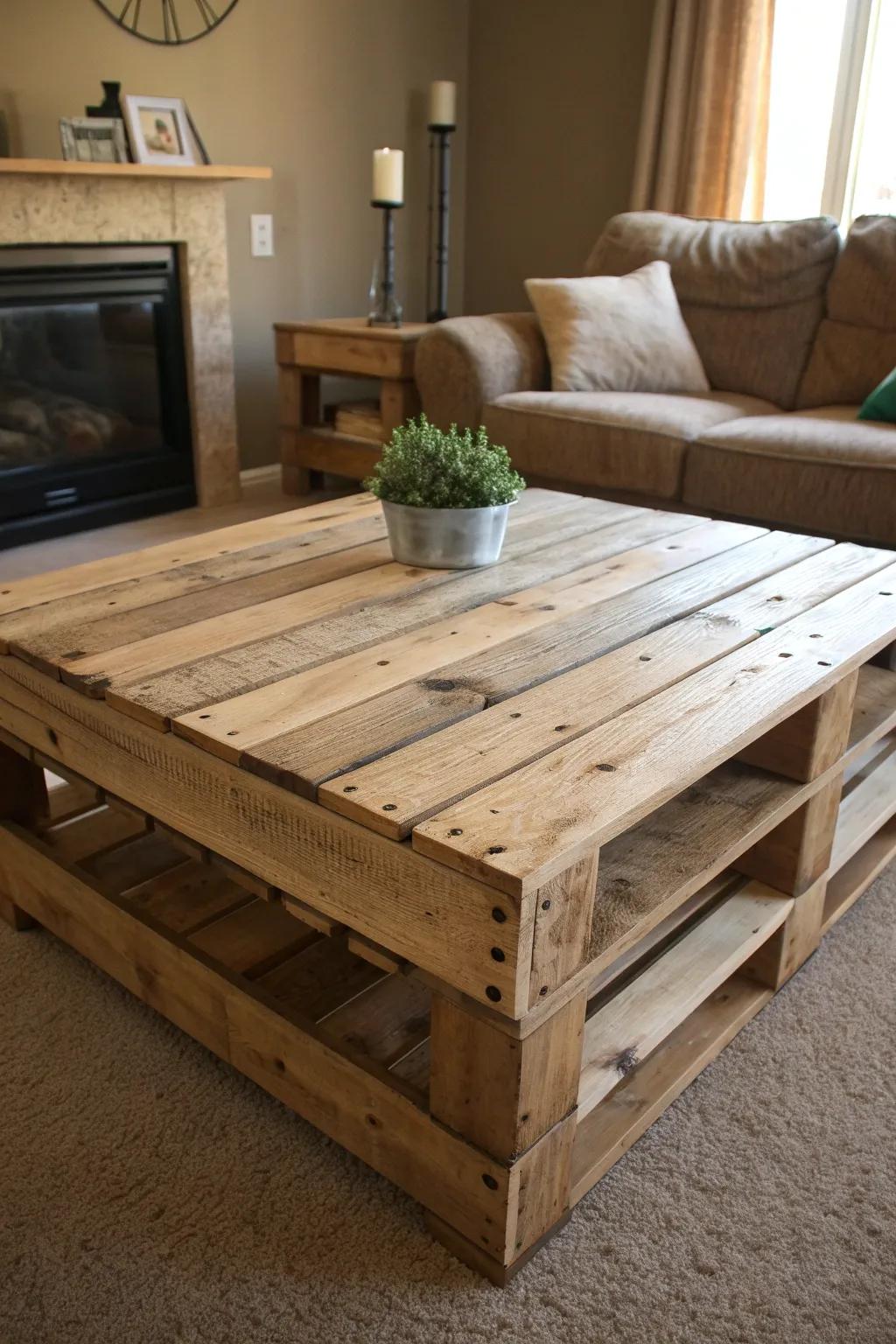 Embrace the simple rustic charm of a pallet coffee table, where every grain tells a story.