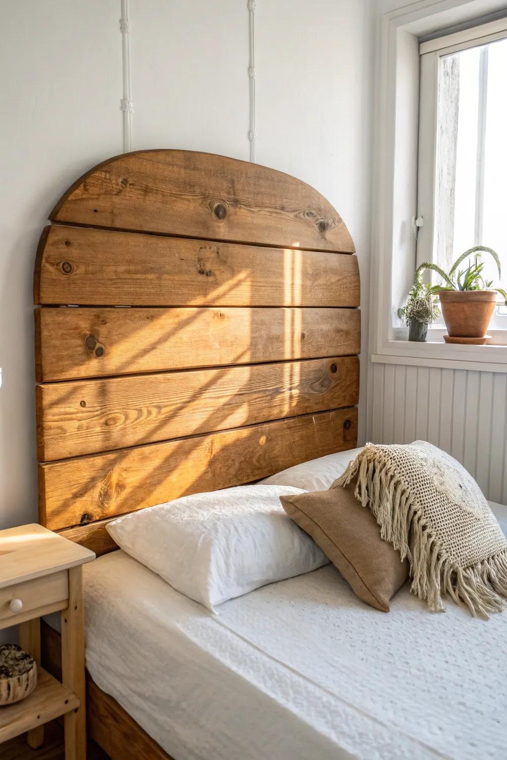Classic sanded pallet headboard with warm stain—cozy grain, clean lines, small-space style.
