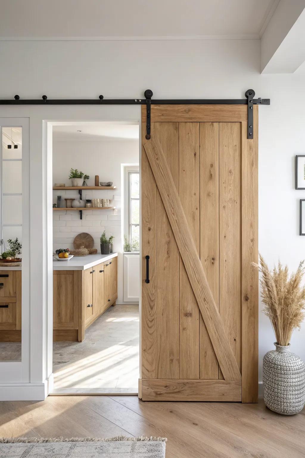 A classic single sliding barn door that hides pantry clutter—no lost walkway space.