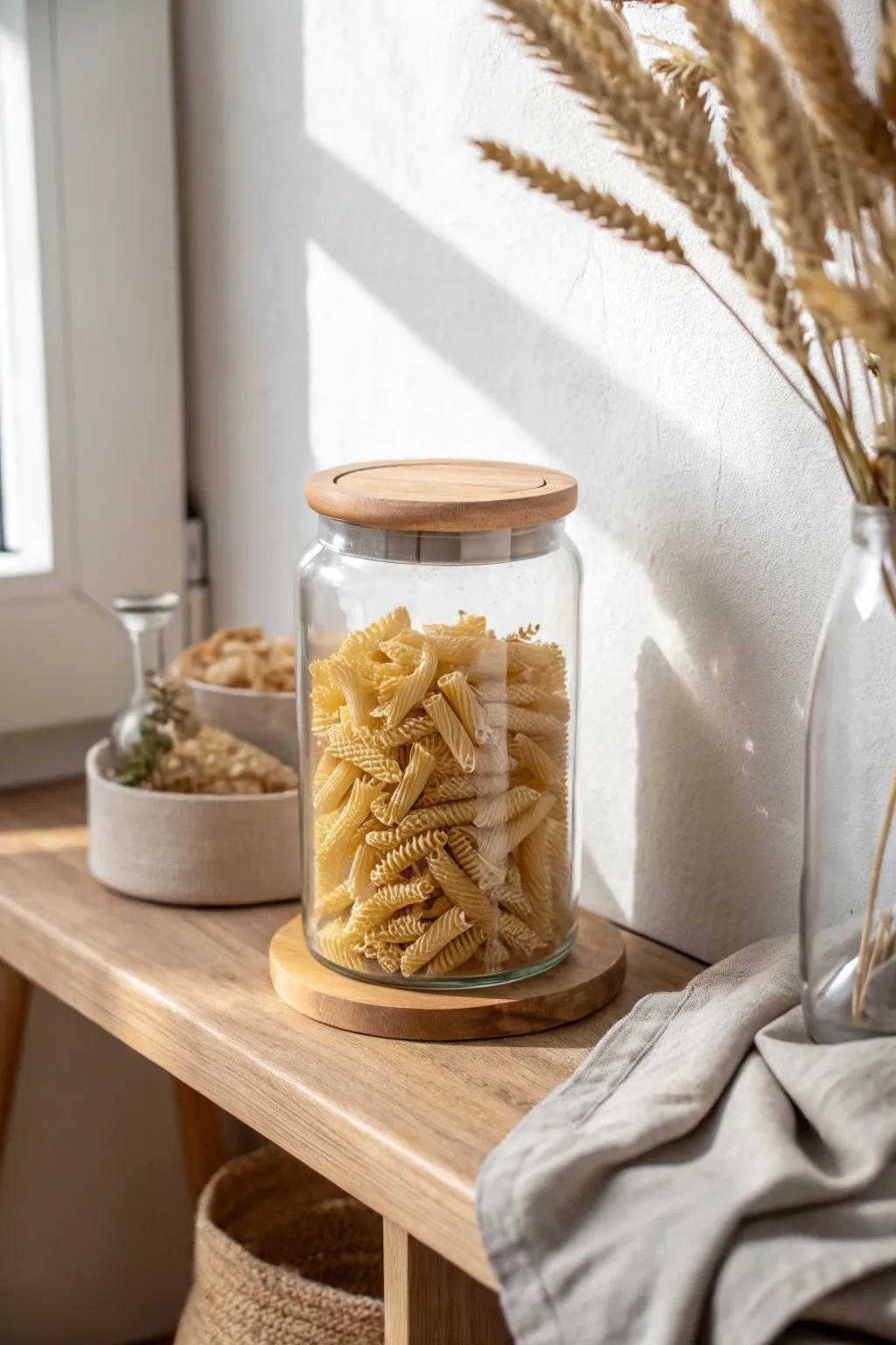Decant staples into matching clear jars—instant calm, less visual clutter, and a pantry that feels styled.