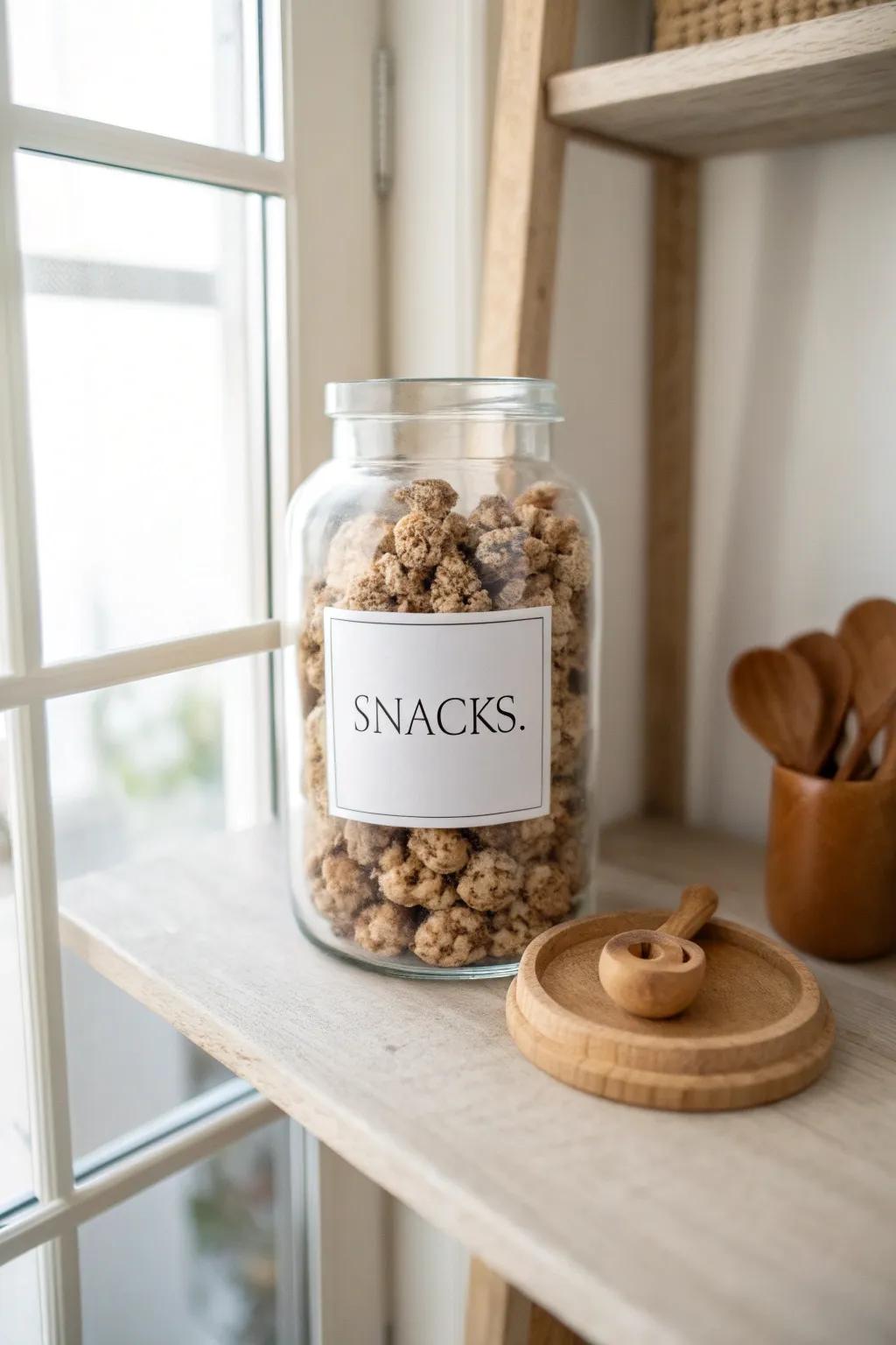 Purge first, then categorize—one labeled clear jar turns a chaotic pantry into calm order.