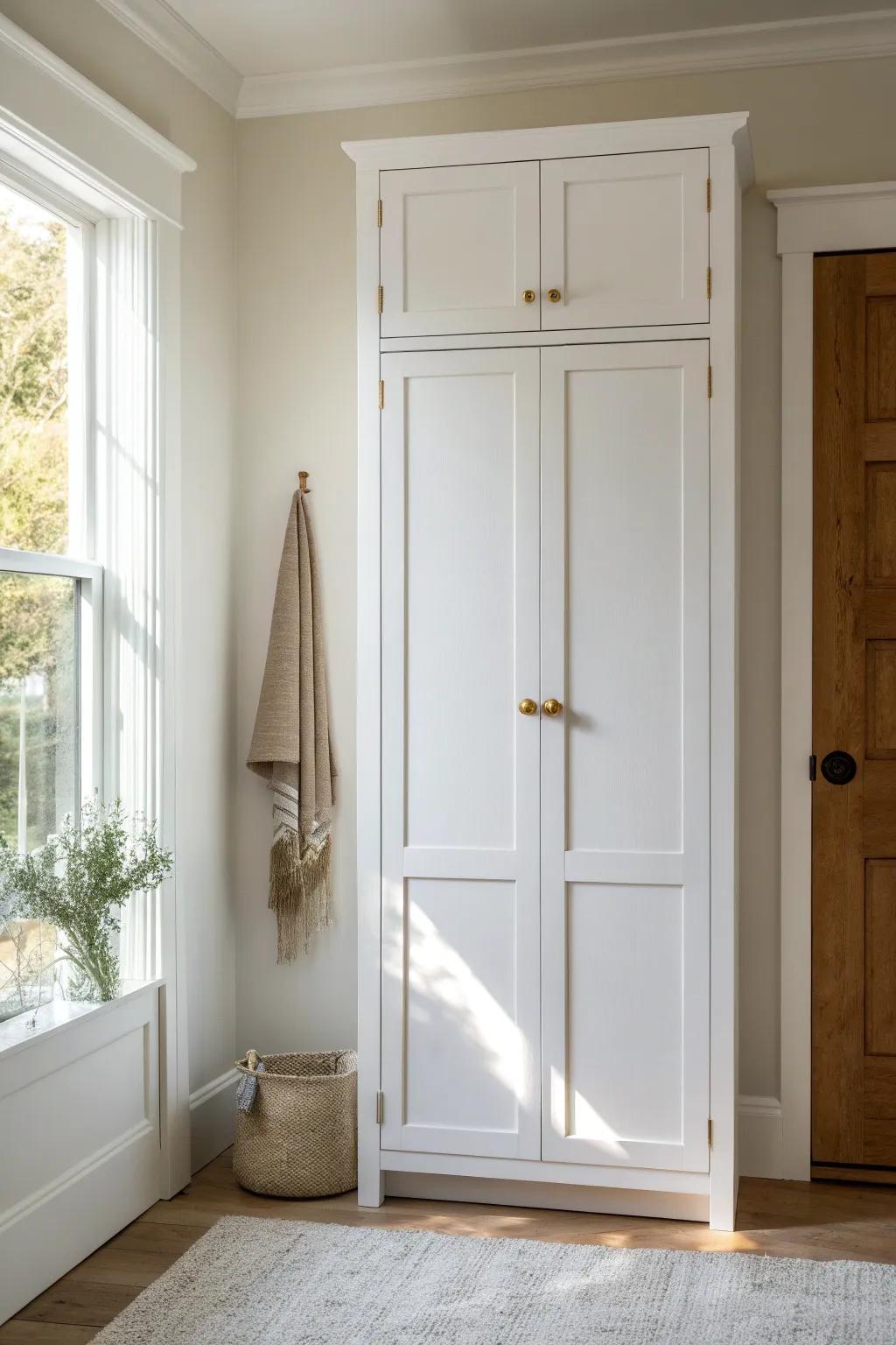 Bright white pantry paint makes small spaces feel taller, lighter, and freshly clean.