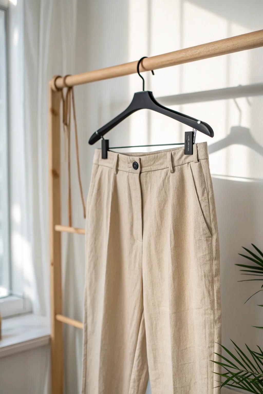 Slim clip hangers keep pants straight, crease-free, and save precious closet rod space.